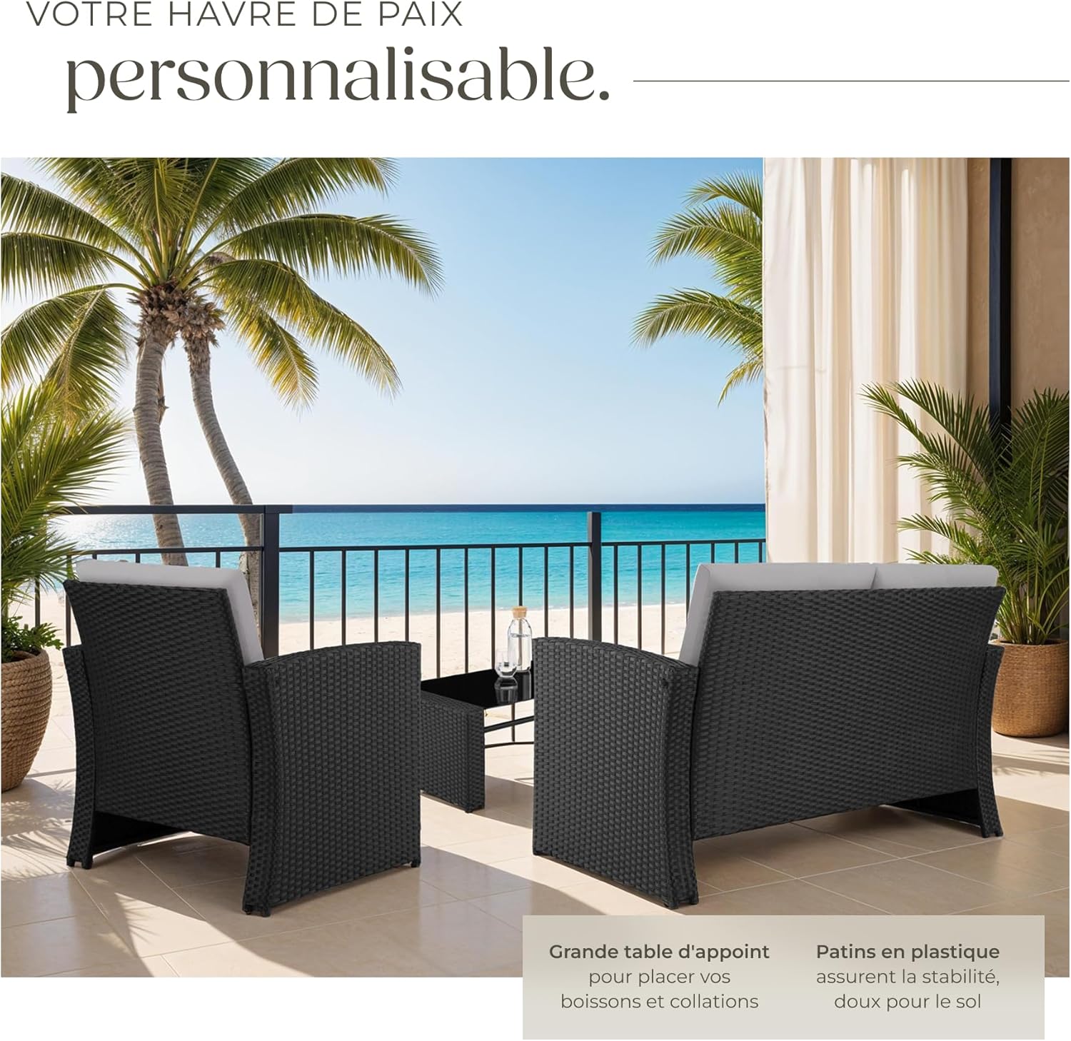 TecTake - Salon de jardin rotin 4 places - canapé, fauteuils, table, coussins confortables