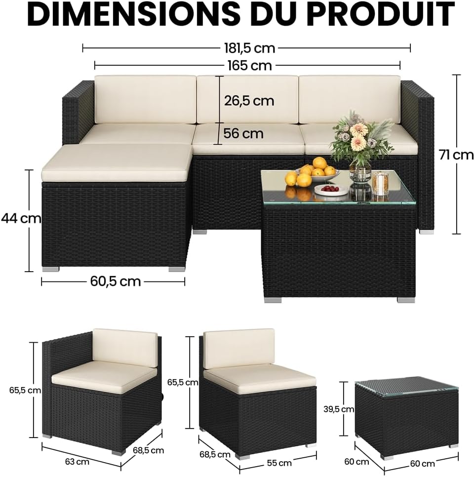 Yaheetech - salon de jardin 4 places - polyrotin - modulable 5 pièces