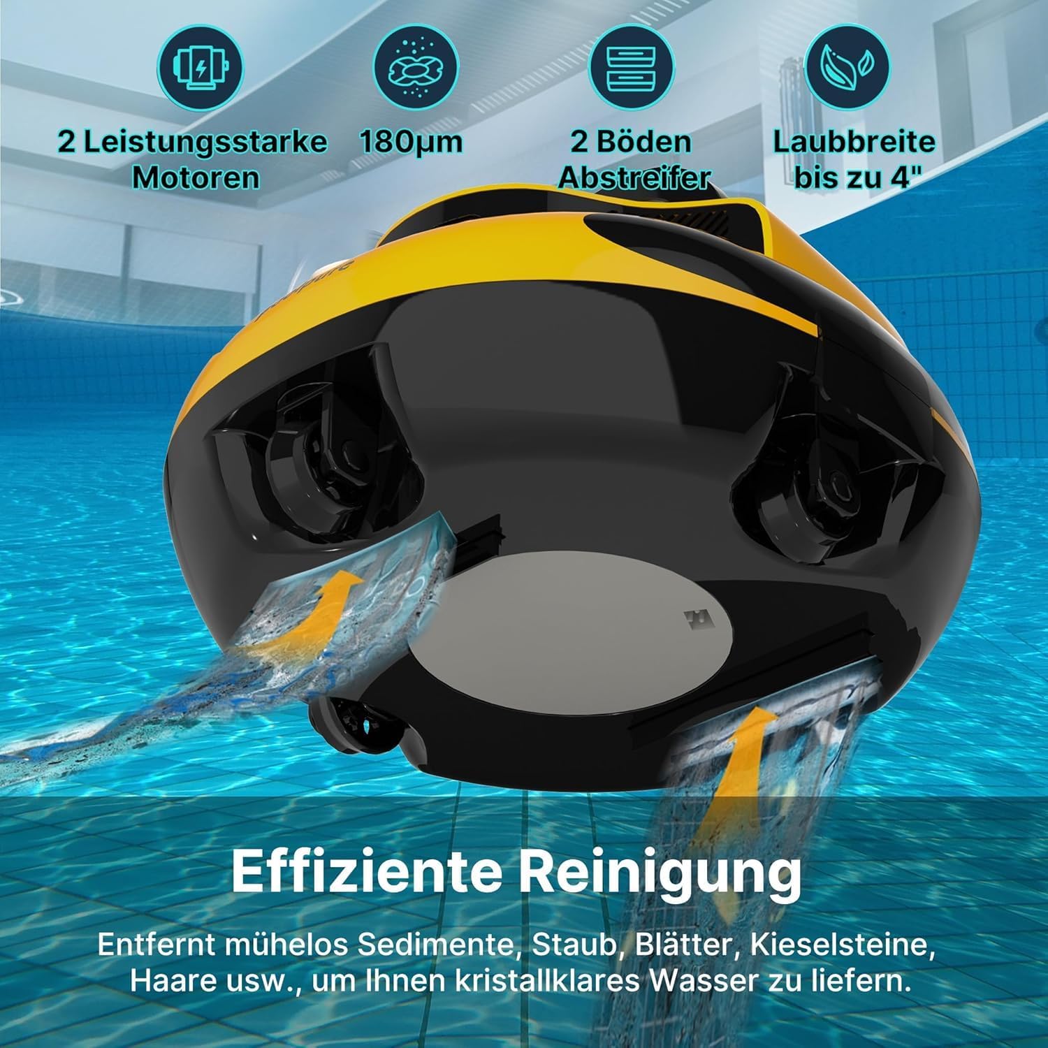 POOLPURE Robot de Piscine 2026 - Temps de Nettoyage de 100 Minutes - Double Moteur - Voyants LED - Fonction de stationnement Automatique - Étanchéité IPX8 - Aspirateur de Piscine sans Fil - Jaune