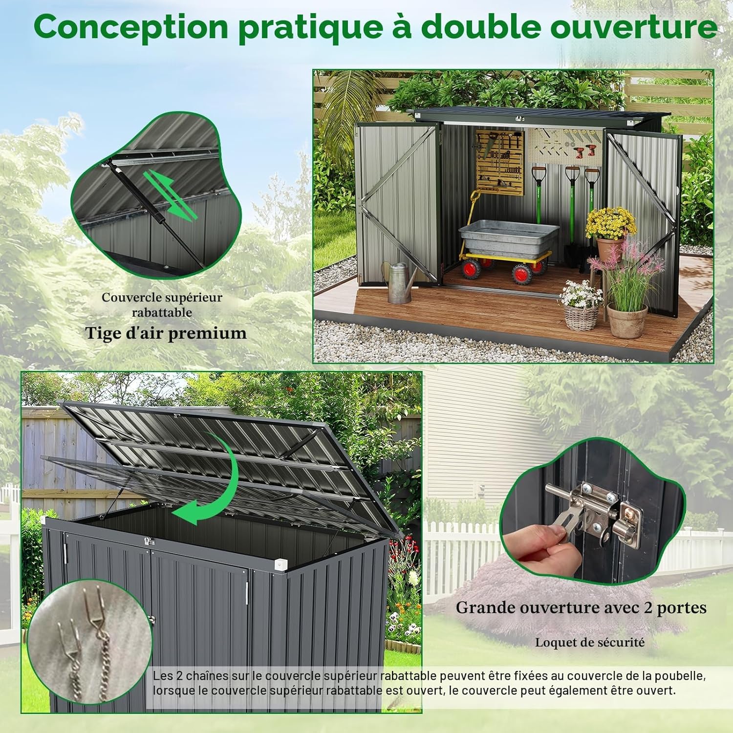 HOMASIS 1.7m Abri de Jardin Métal Exterieur avec Couvercle Rabattable, Cabane de Jardin avec Double Porte, Abri à Outils Structure Renforcée, Haute Résistance pour Ferme, Terrasse,172 x 101 x 130 cm