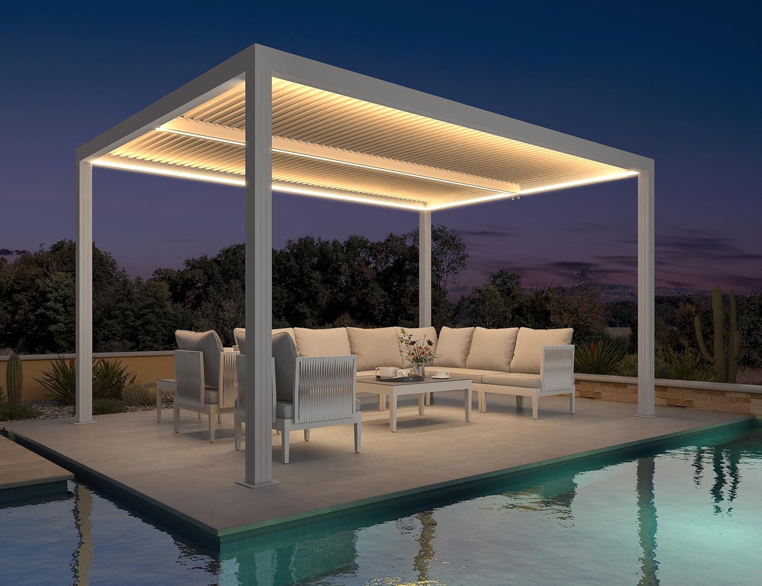 PURPLE LEAF - Pergola bioclimatique 4,24x3m - alu, LED, gouttières, blanc