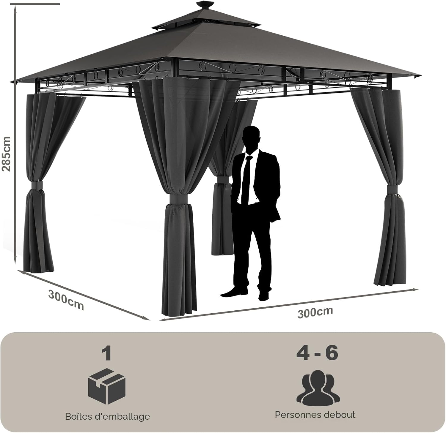 Devoko - Tonnelle Deluxe - 3x3m - LED, métal, 4-6 pers, gris