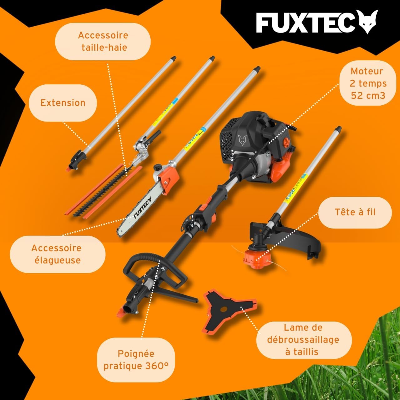 Fuxtec - débroussailleuse 52cm³ 3CV, multifonction thermique, rallonge 1m, FX-MT152E