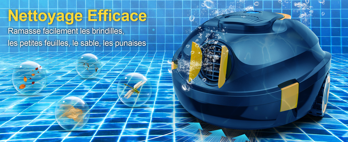 Le texte indique « Nettoyage efficace » et « Technologie électronique avancée pour la purification de l'eau ». Appareil robot de nettoyage de piscine bleu sur le sol carrelé de la piscine avec des débris sous-marins visibles.