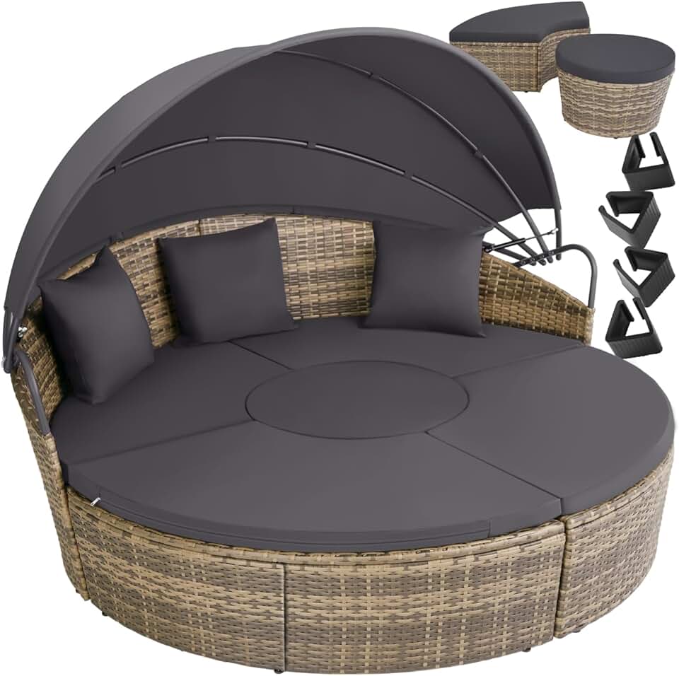 tectake - Bain de soleil modulable avec pare-soleil, coussins inclus, résine tressée, relax extérieur