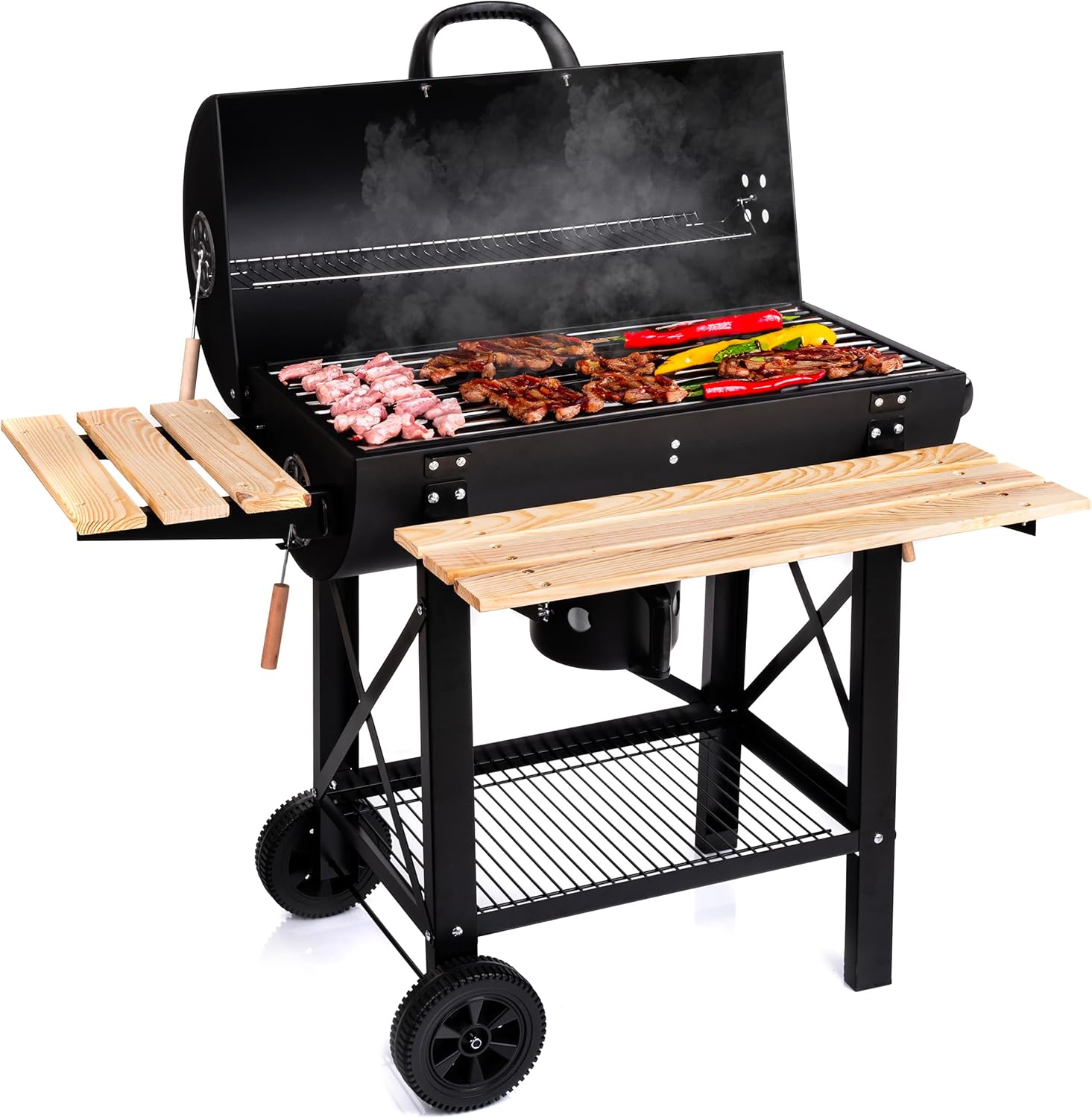 LEHMANN - Barbecue XL avec couvercle, étagères bois, roulettes, 69207