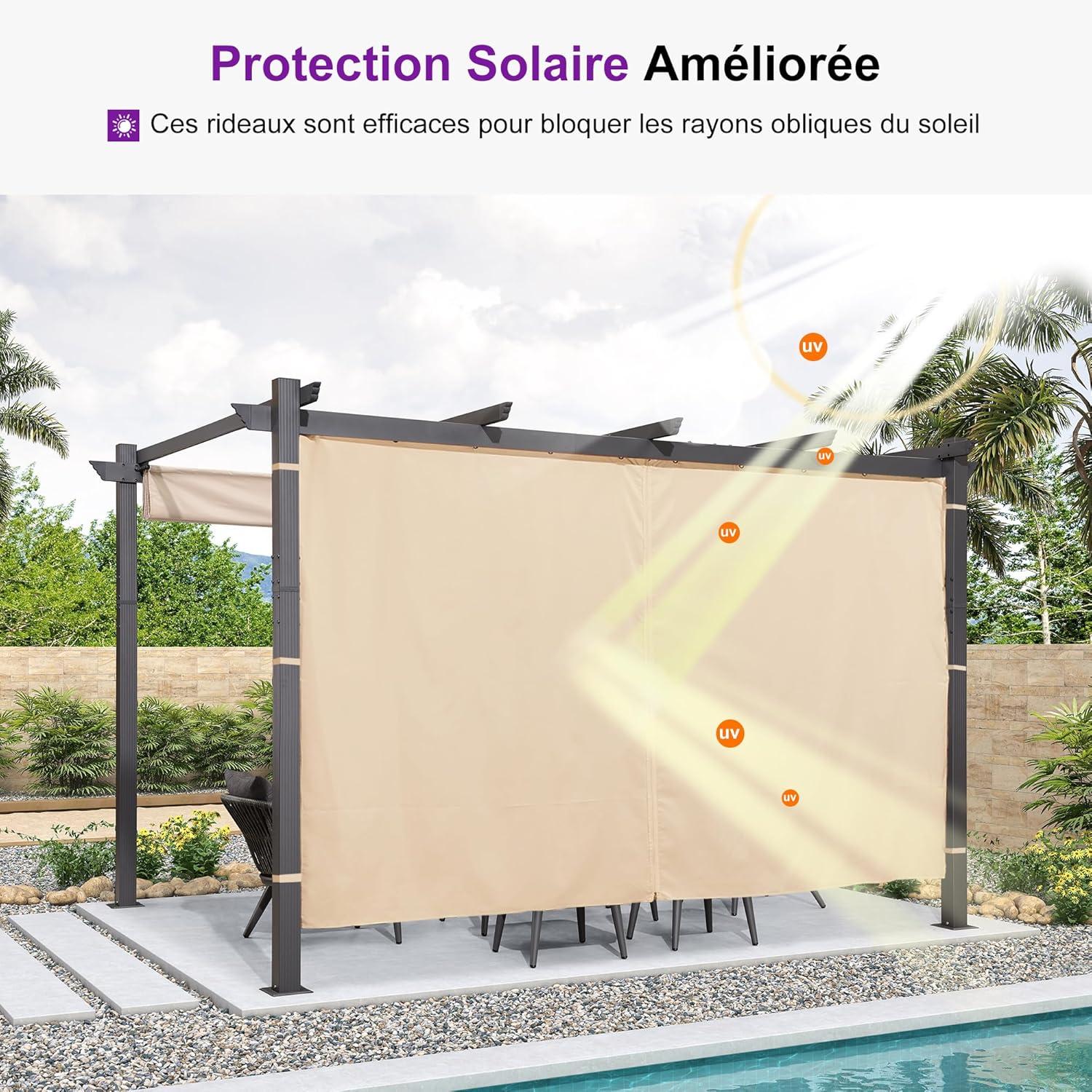PURPLE LEAF - Pergola aluminium série Rideau - 4x3m toit coulissant extérieur