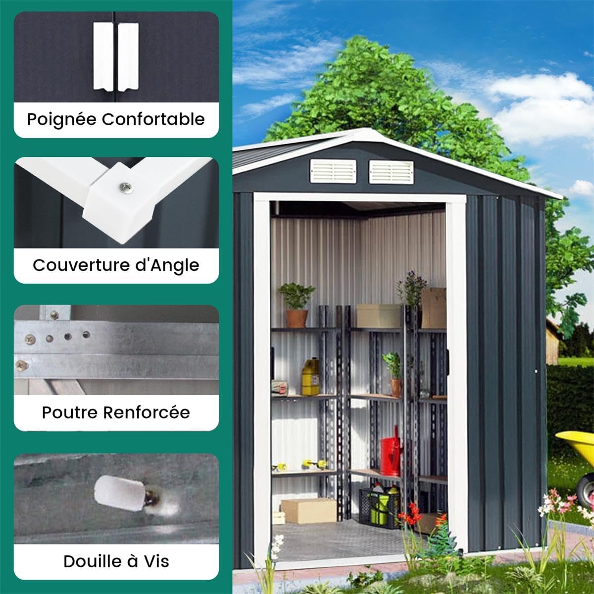 RELAX4LIFE - abri de jardin série acier - 213x127x185 cm - 2 portes coulissantes, 2 fenêtres, 3m² - RELAX4LIFE