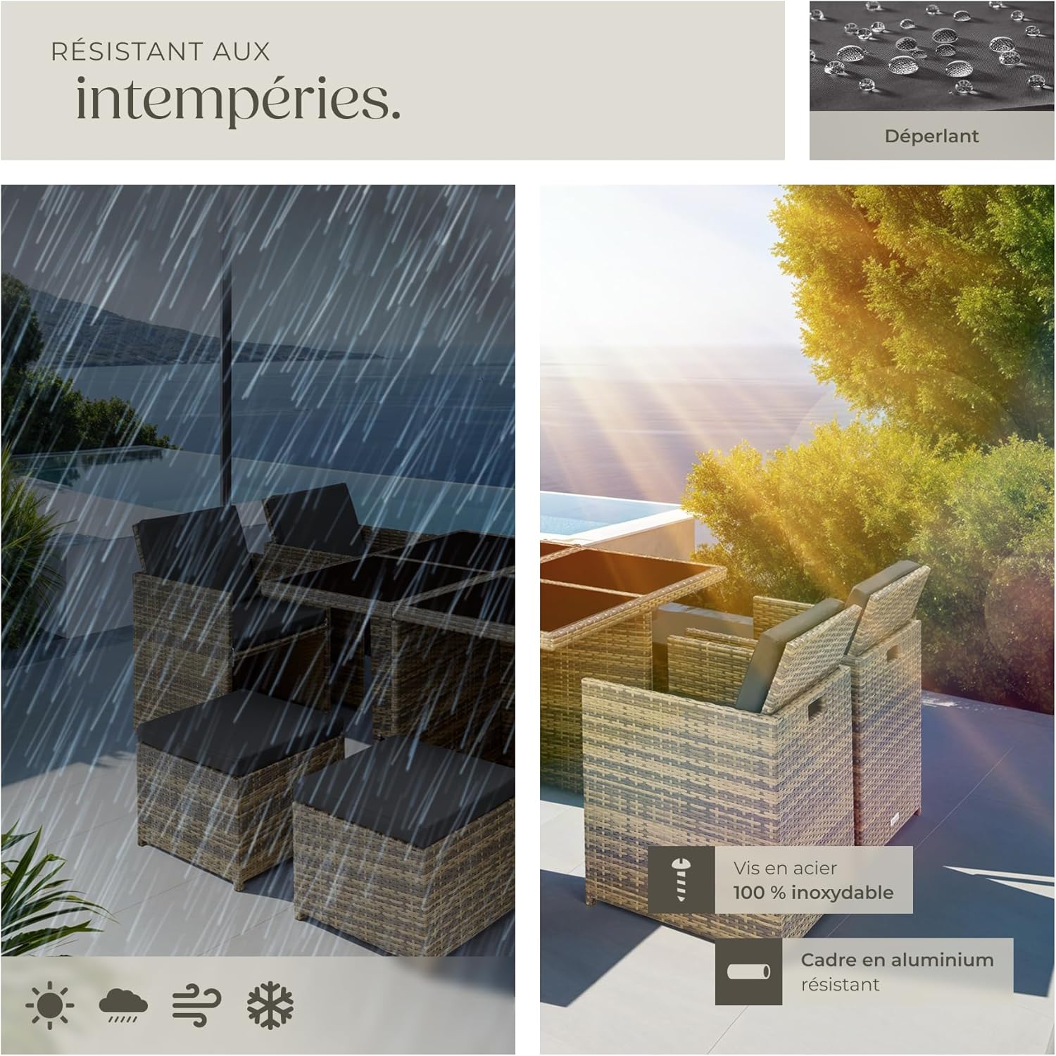 tectake - Salon de jardin 8 places - alu, poly rotin, marron naturel