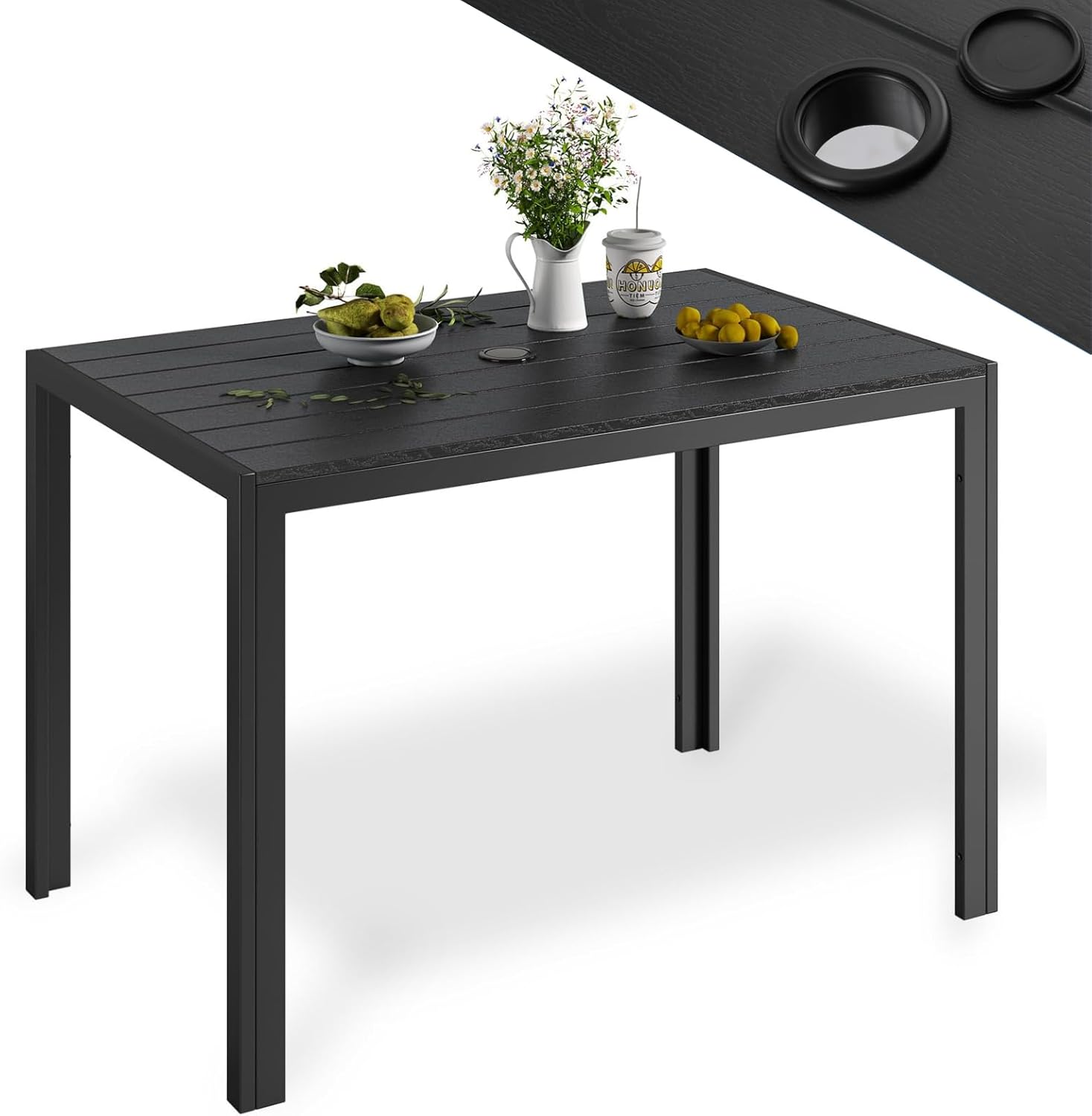 LIFERUN - Table de Jardin 110x70 cm avec Trou de Parasol, Résistante aux Intempéries, Élégante en Bois Effet Noir TW-110