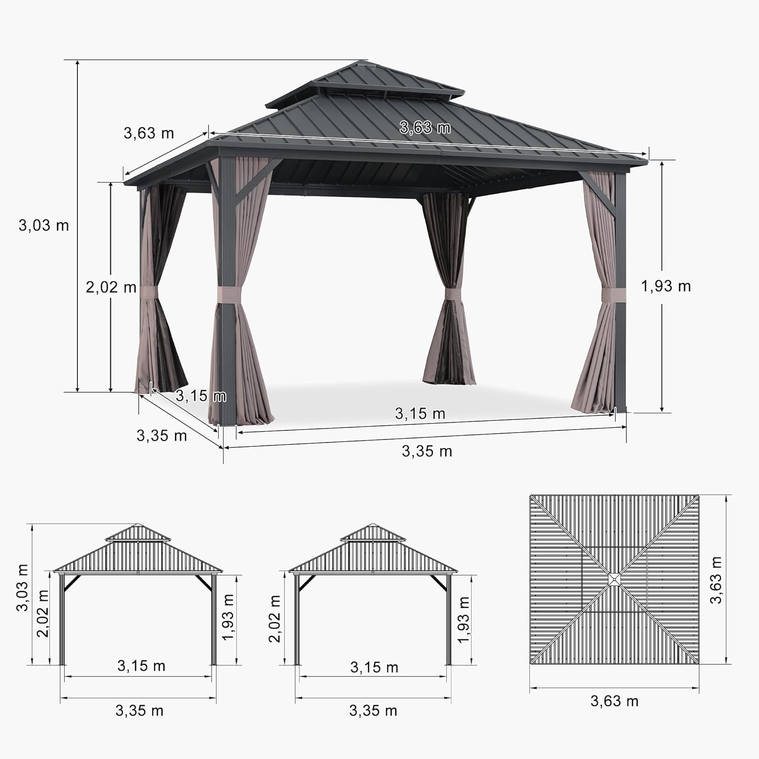 PURPLE LEAF - Pavillon jardin double toit alu 3,65x3,65m, rideaux, moustiquaire