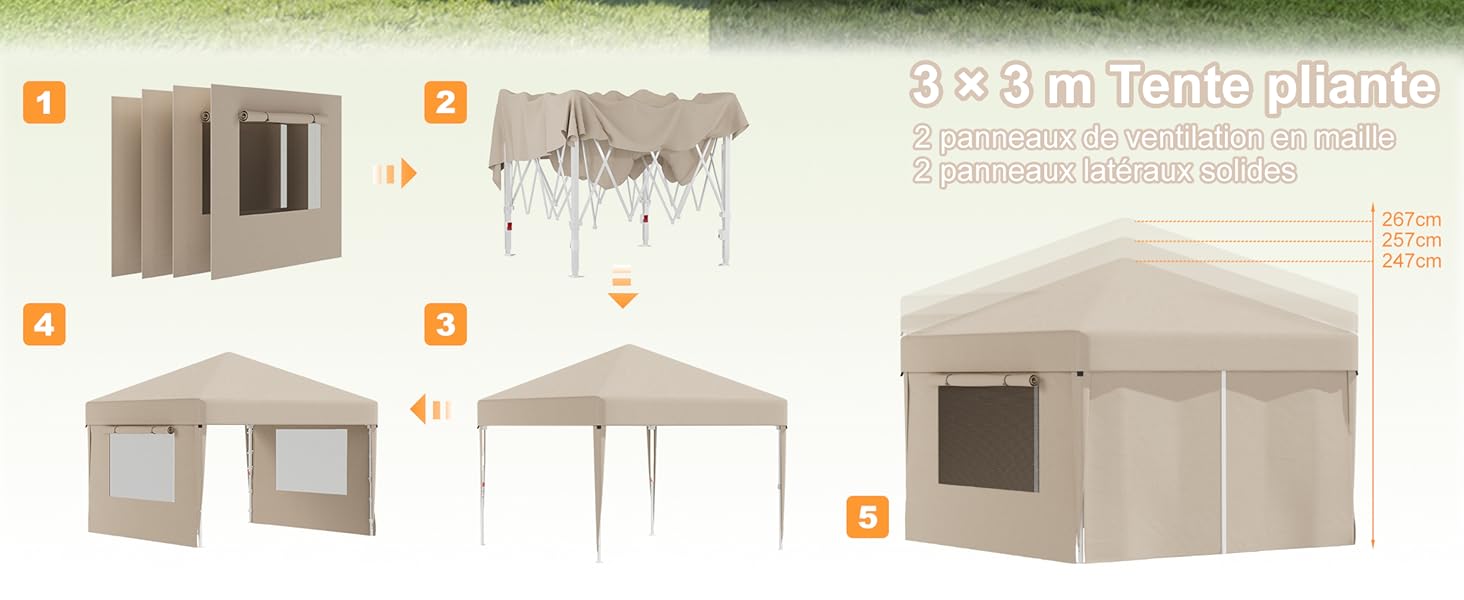 Présentoir de produit composite montrant une tente de belvédère escamotable beige sous plusieurs angles. Les images montrent une configuration pliée, une structure de cadre et un auvent entièrement assemblé avec fenêtres et porte d'entrée.