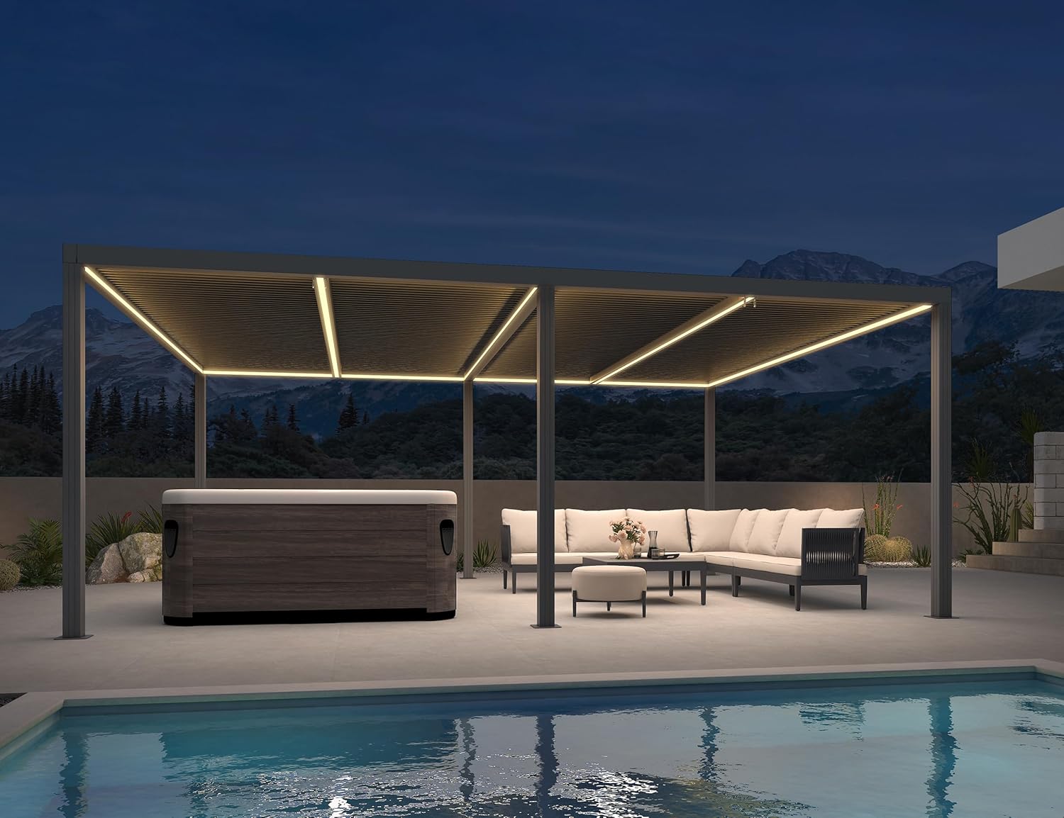 PURPLE LEAF - Pergola bioclimatique - 6 x 3,68 m - alu, LED, gouttières, gris