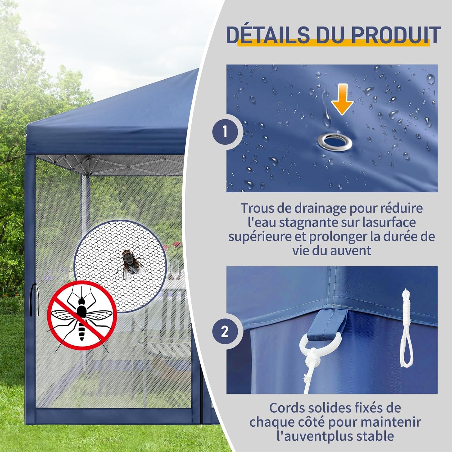 LEADZM - tonnelle pliable série, 3x3m, imperméable, anti-UV, hauteur ajustable, 4 moustiquaires, structure stable, bleu