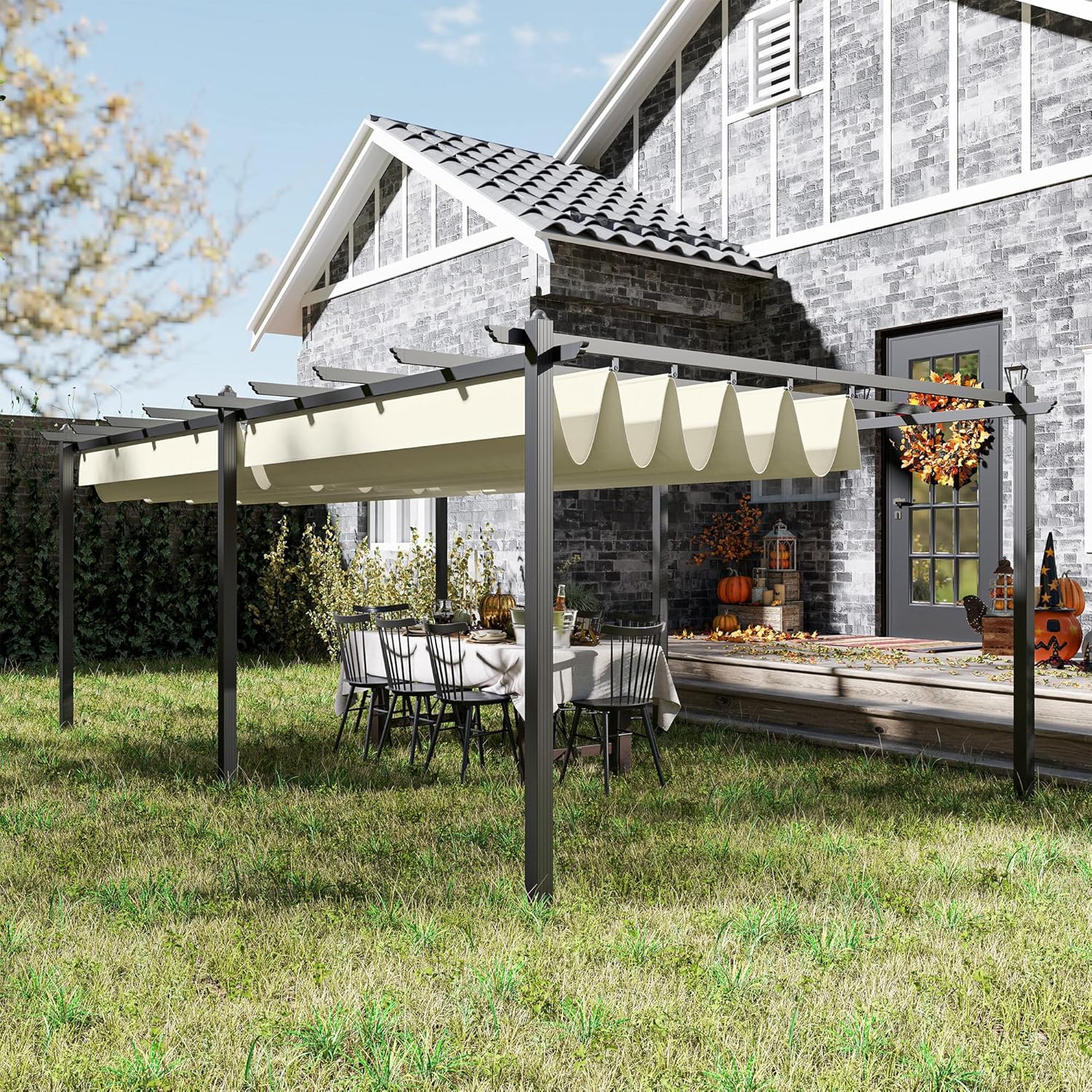 Outsunny - Pergola 3,6x6m - aluminium, toile rétractable, beige