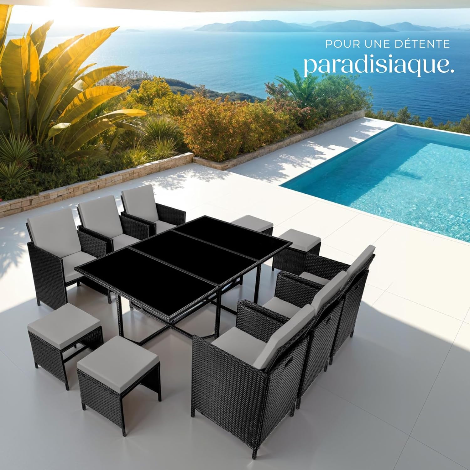 tectake - Salon de jardin polyrotin 10 pers, 6 fauteuils, 4 poufs, housse