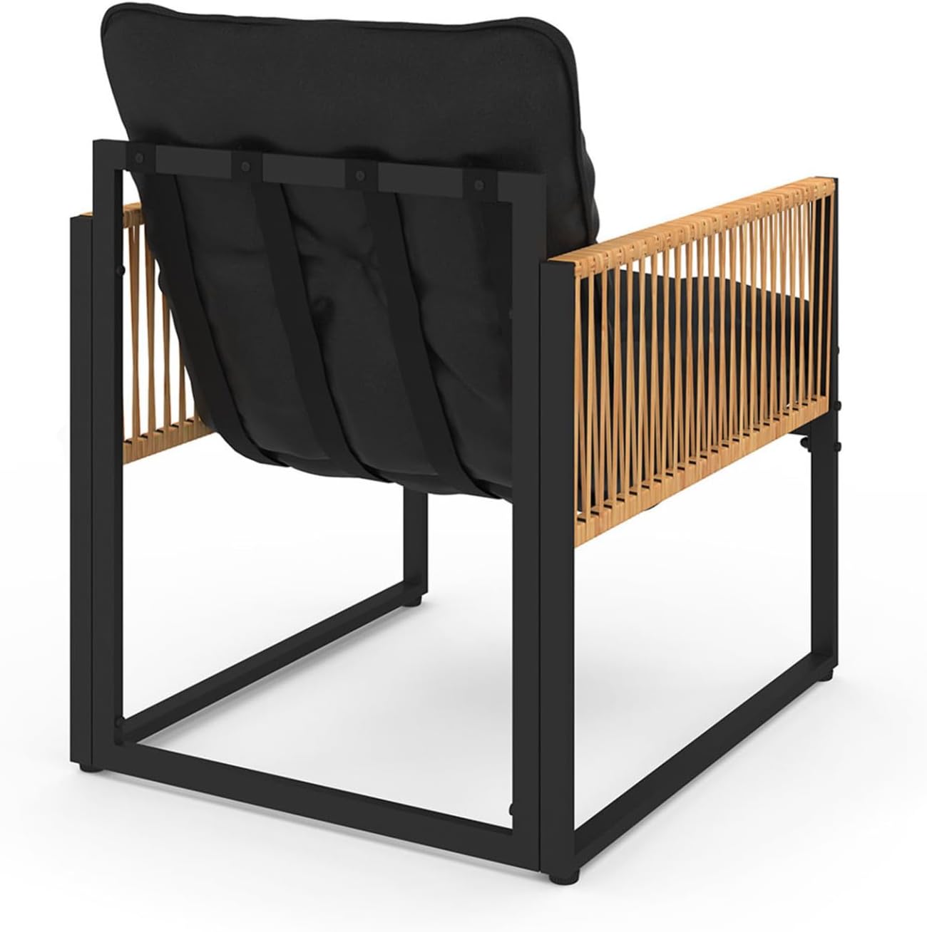 IDMarket - Salon de Jardin Bas Rio 4 Places - Structure métal noir, cordage rotin clair, coussins noirs
