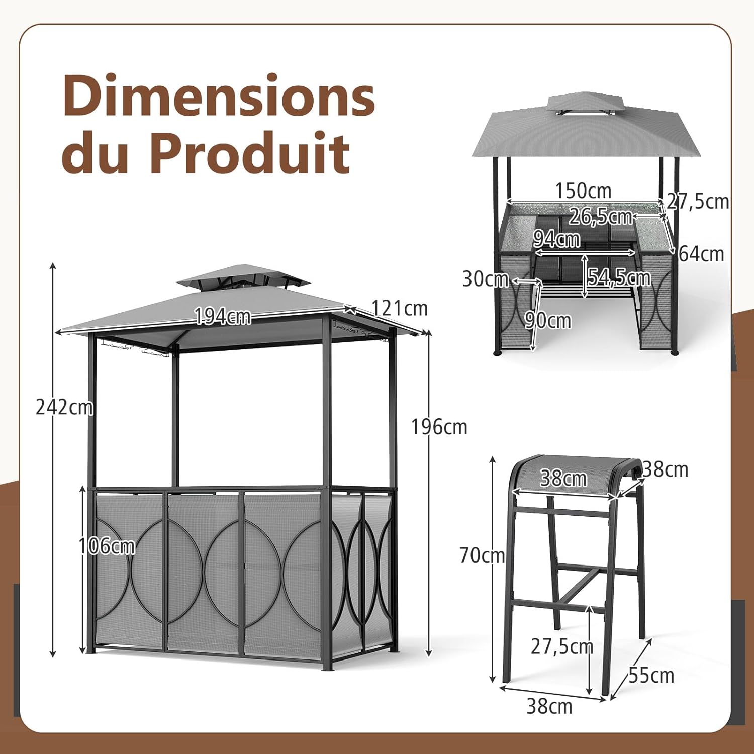 COSTWAY - tonnelle barbecue série avec tabourets, métal, 194x121x242 cm, gris