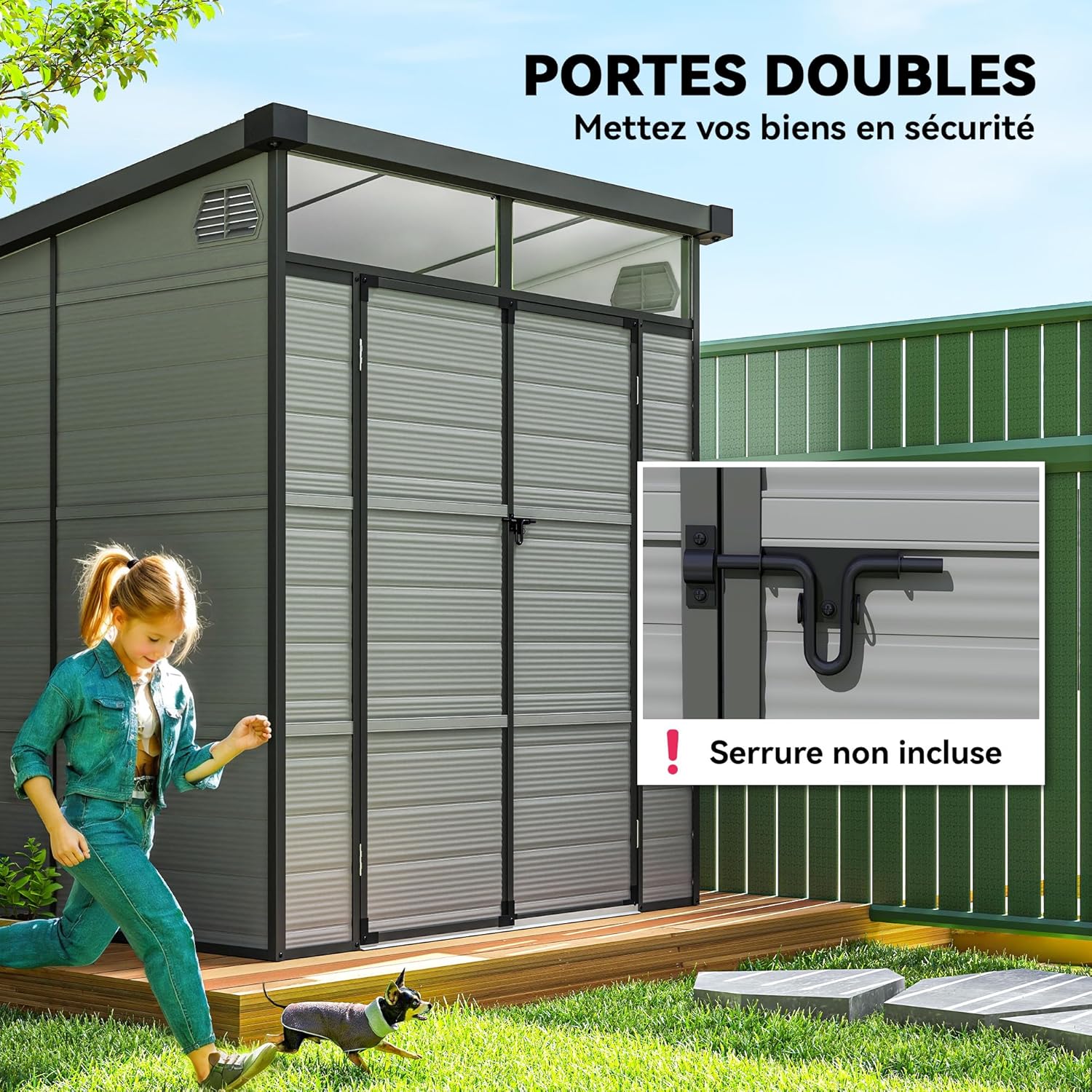 Outsunny - Abri de jardin polypropylène - 190x191x215 cm - double porte fenêtre aérez, gris clair