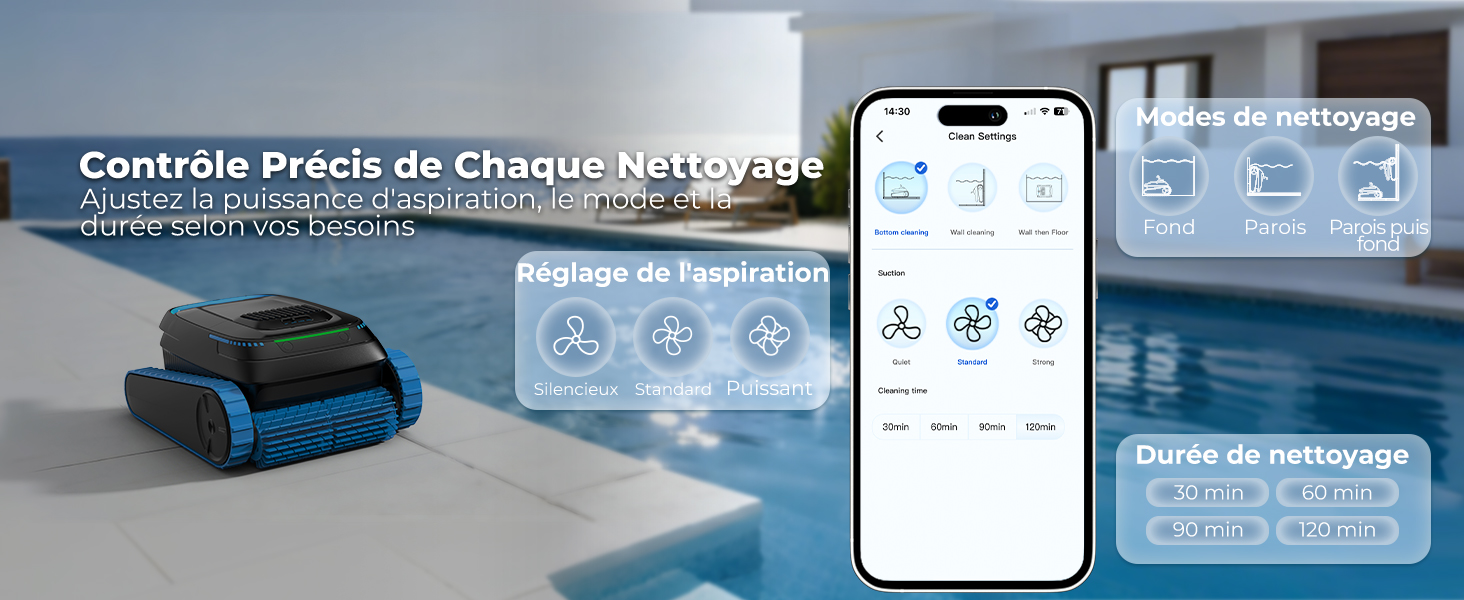 Le texte indique « Contrôle Précis de Chaque Nettoyage ». Interface d'application mobile affichant les écrans de commande du robot de nettoyage avec smartphone et affichage de l'état.