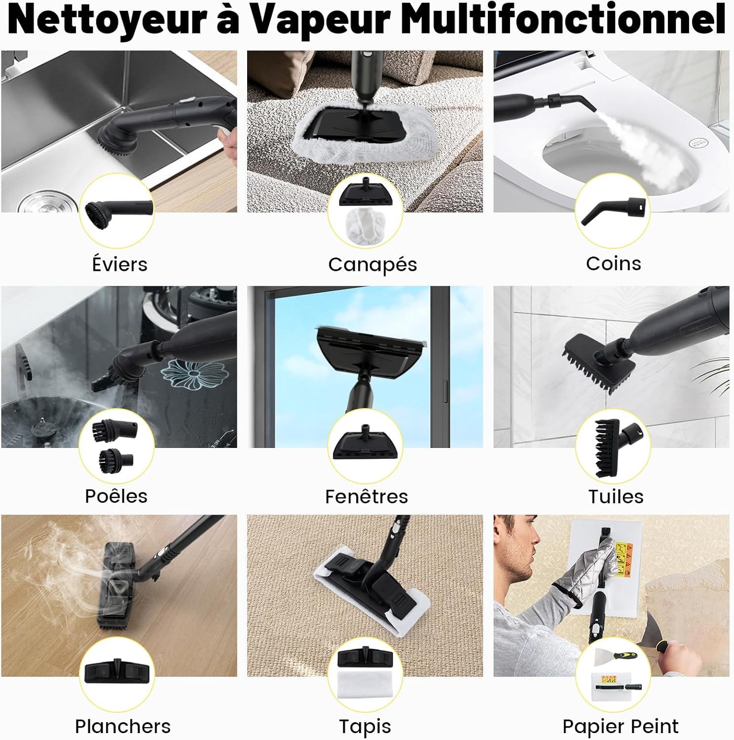 RELAX4LIFE - Nettoyeur vapeur 1,9L - 2000W, 5 bar, 15 accessoires