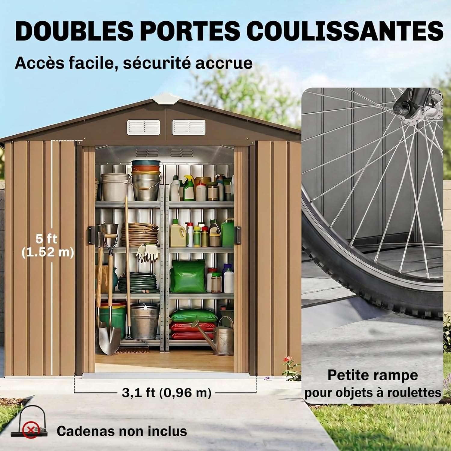 Outsunny Abri de Jardin en métal 2,77 m² cabane de Jardin 213 x 130 x 185 cm cabanon Rangement Outils avec kit de Fondation, Porte coulissante verrouillables et 4 aérations - Kaki