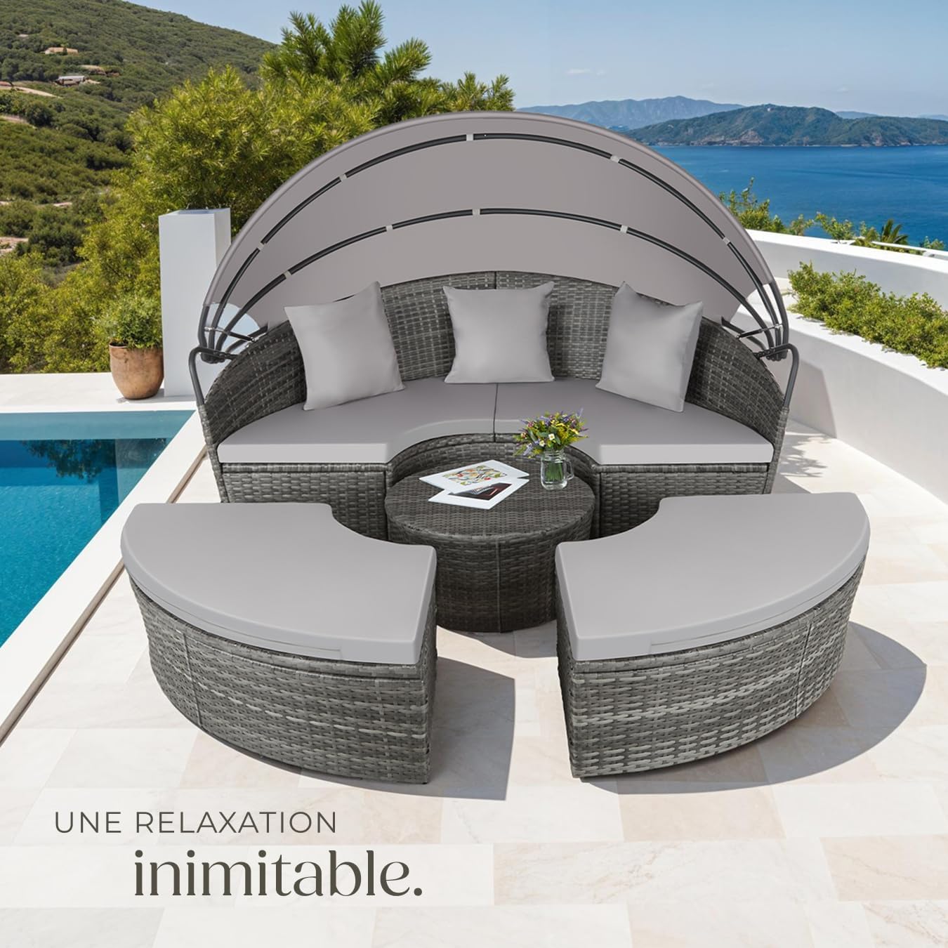 tectake - salon modulable résine tressée, pare-soleil, coussins, 200x70 cm