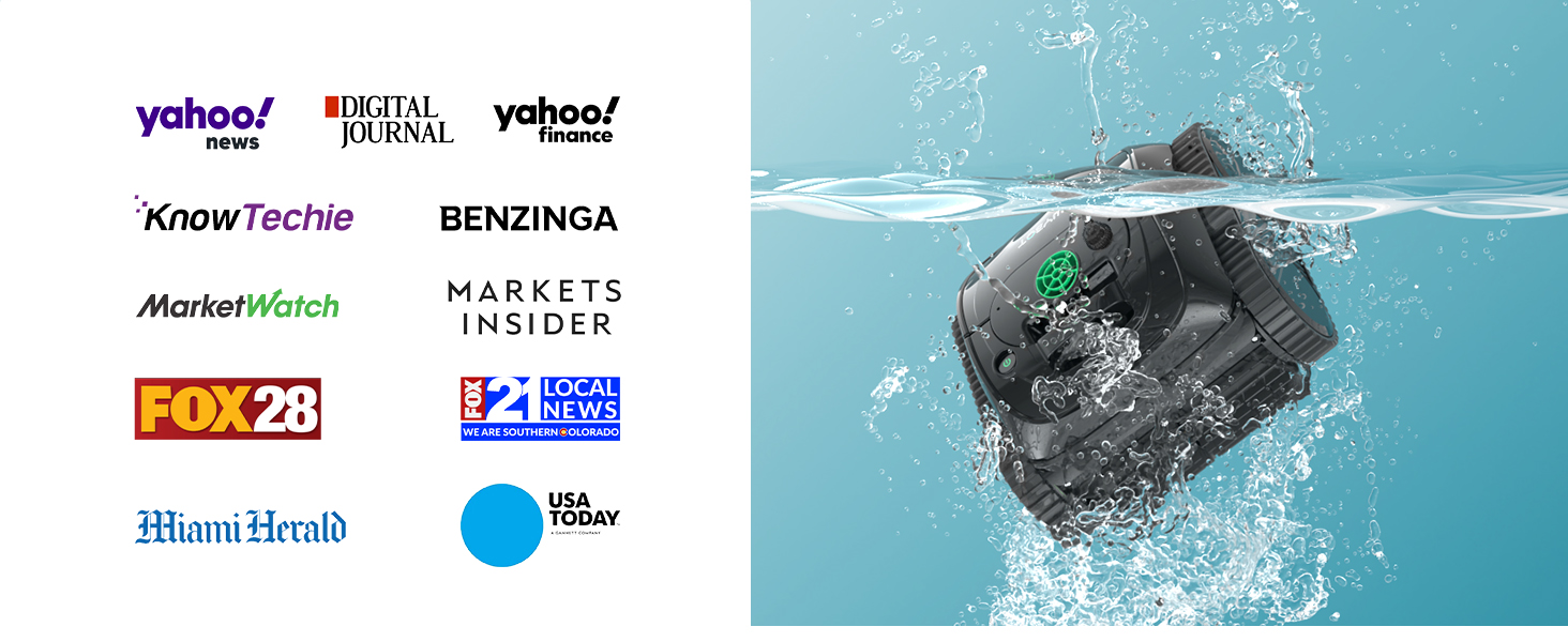 montrant les logos de divers médias d'information, dont Yahoo, Benzinga, Market Insider sur le côté gauche, avec un appareil électronique noir éclaboussant de l'eau sur la