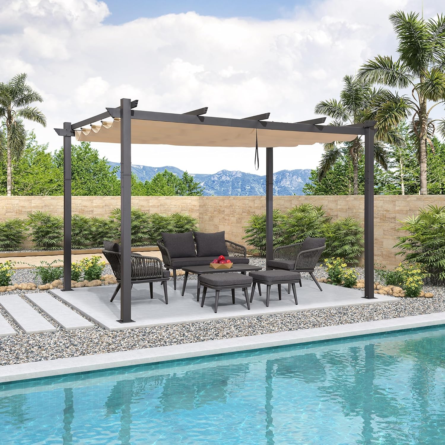 PURPLE LEAF - Pergola Aluminium - 4x3m - Toit coulissant, tissu kaki