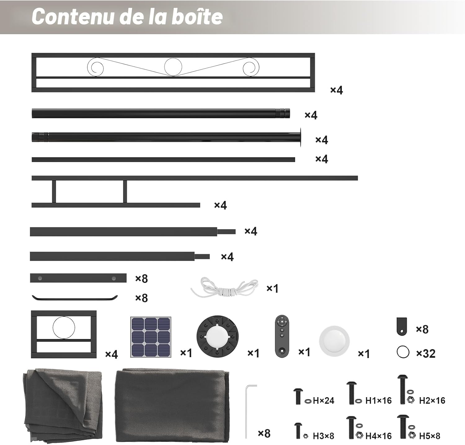 Devoko - Tonnelle Deluxe - 3x3m - LED, métal, 4-6 pers, gris