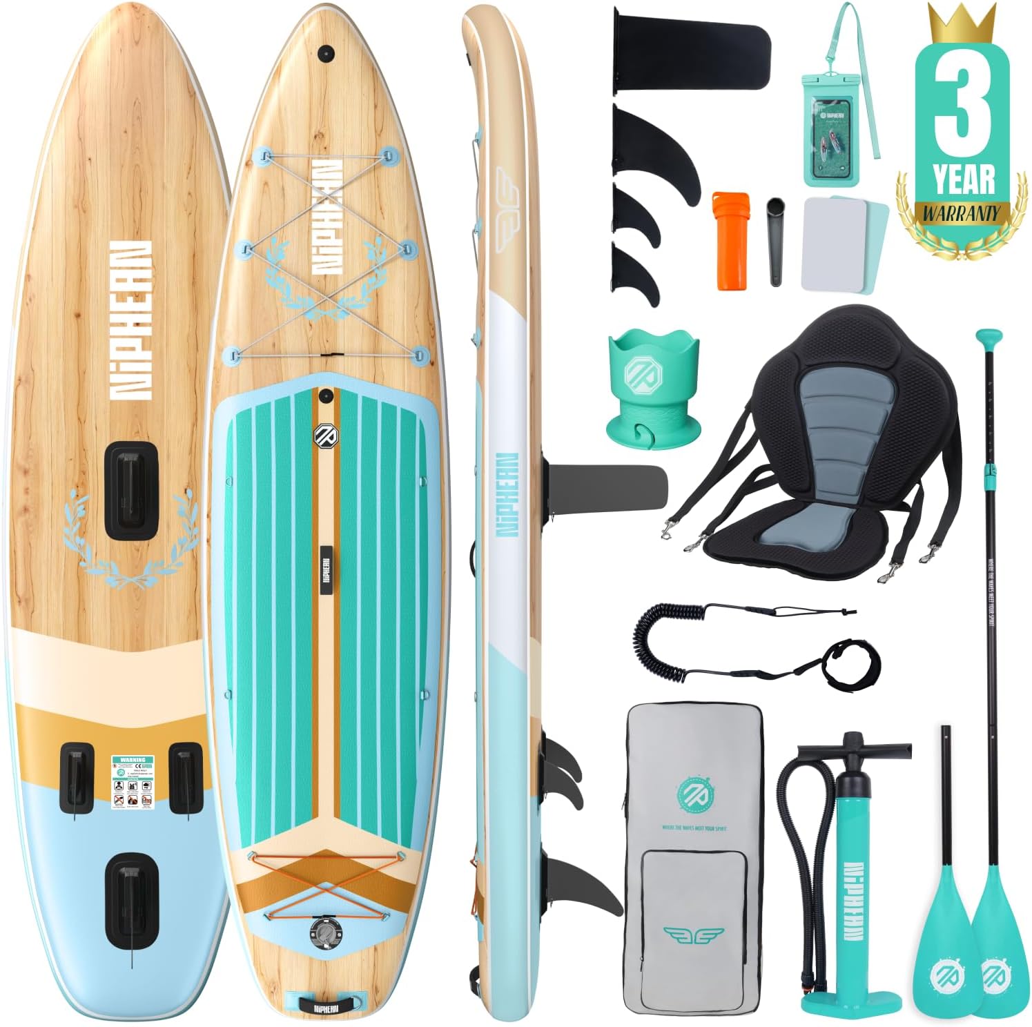 Niphean Extra Large Paddle Gonflable, Sup à 2+1 Personnes/Famille, Planches de Stand Up Paddle Gonflables avec (Idéal Débutant) Aileron Équilibré, Housse Étanche, Paddle Gonflable Adulte, Cadeaux