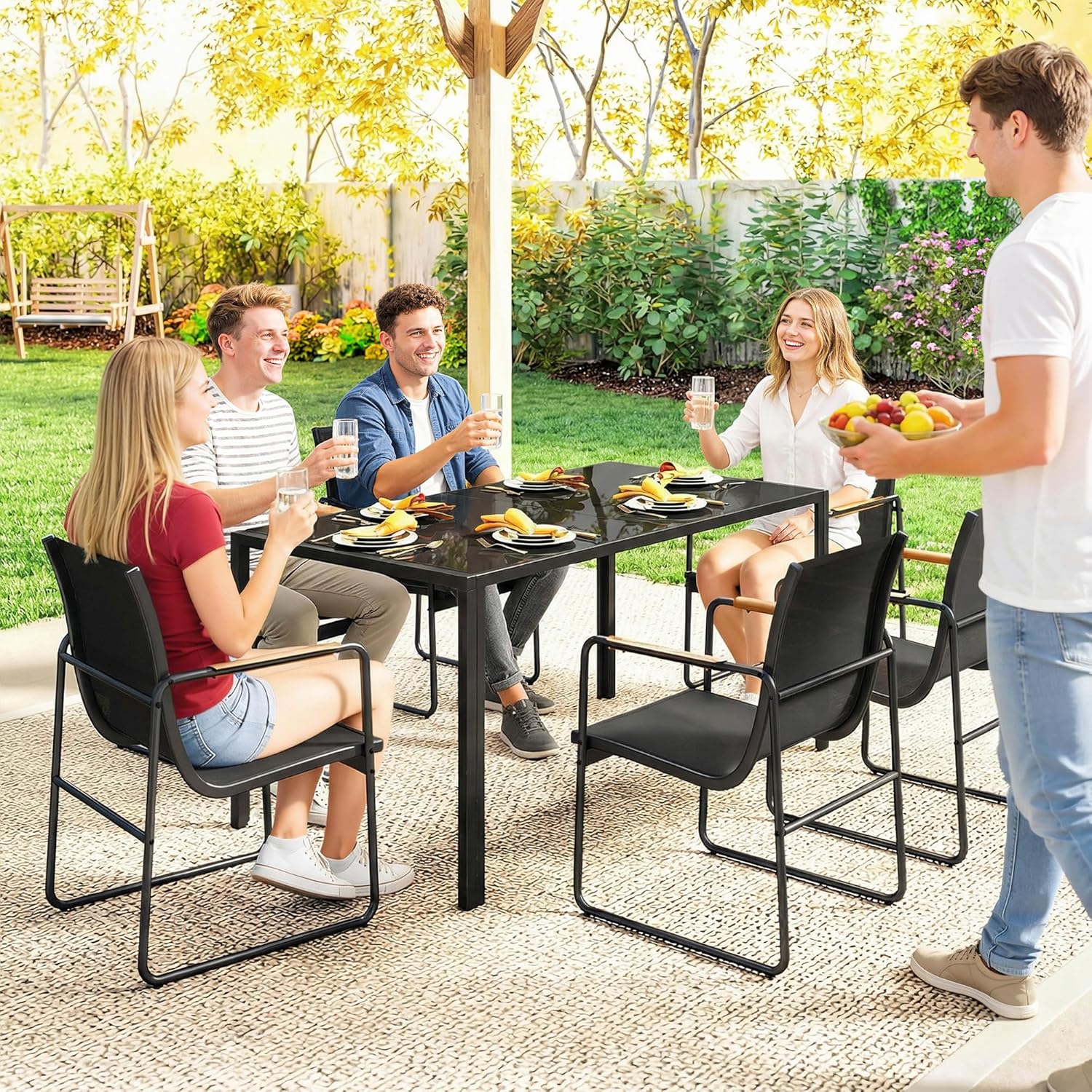 Outsunny - Ensemble salle à manger extérieur 7 pièces - table verre et chaises acier - pour 6 personnes - noir