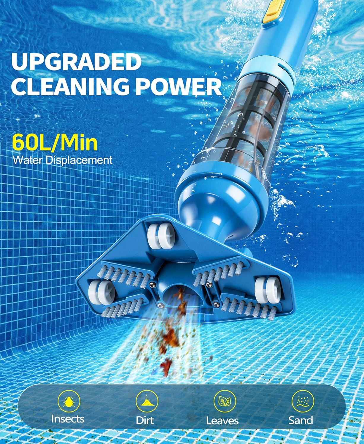 LanBlu - Aspirateur piscine sans fil, perche télescopique, 60L/min, 5200mAh, 90 min autonomie