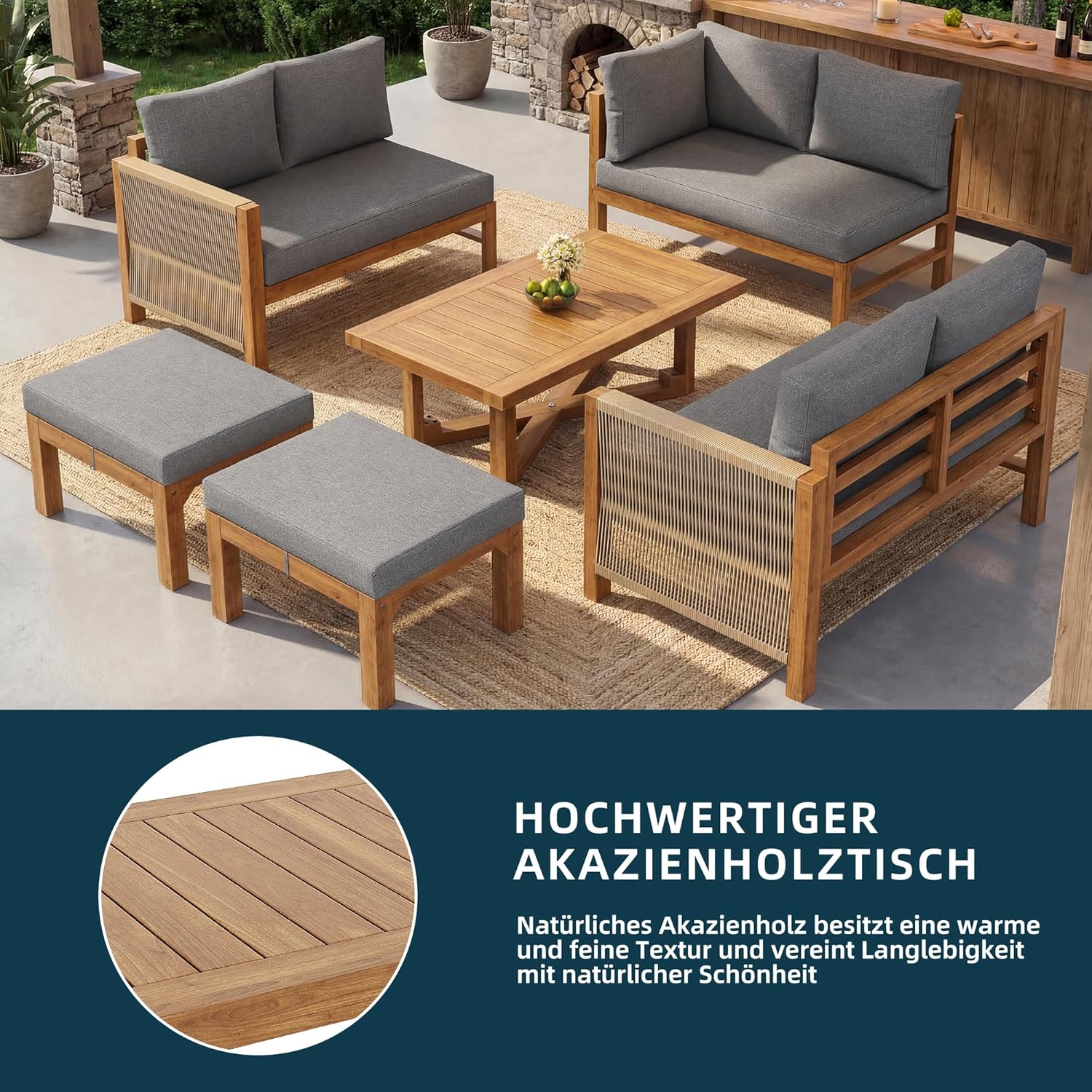 Sapgaks - Salon de Jardin E-Gris - 6 places modulable bois acacia, coussins, table et 2 tabourets