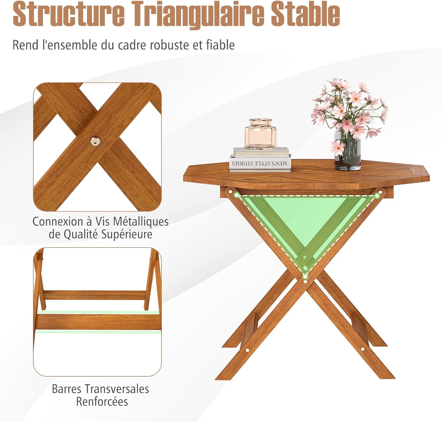 GOPLUS - Table de jardin octogonale - 90x72cm - bois, plateau lattes, trou de parapluie, charge 30kg