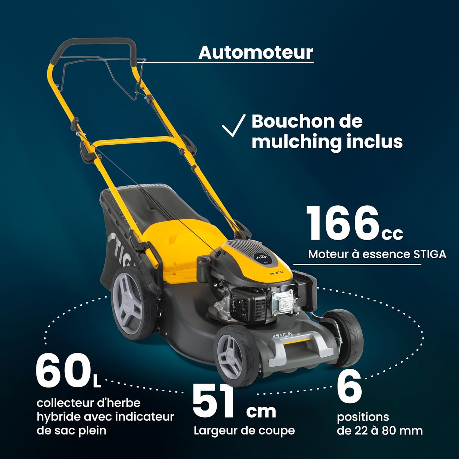 STIGA Combi 53 S Tondeuse Thermique, 166 cm³, 51 cm – Système 3 en 1, Bac 60 L, Réglage Centralisé – pour Pelouses jusqu'à 1 800 m²