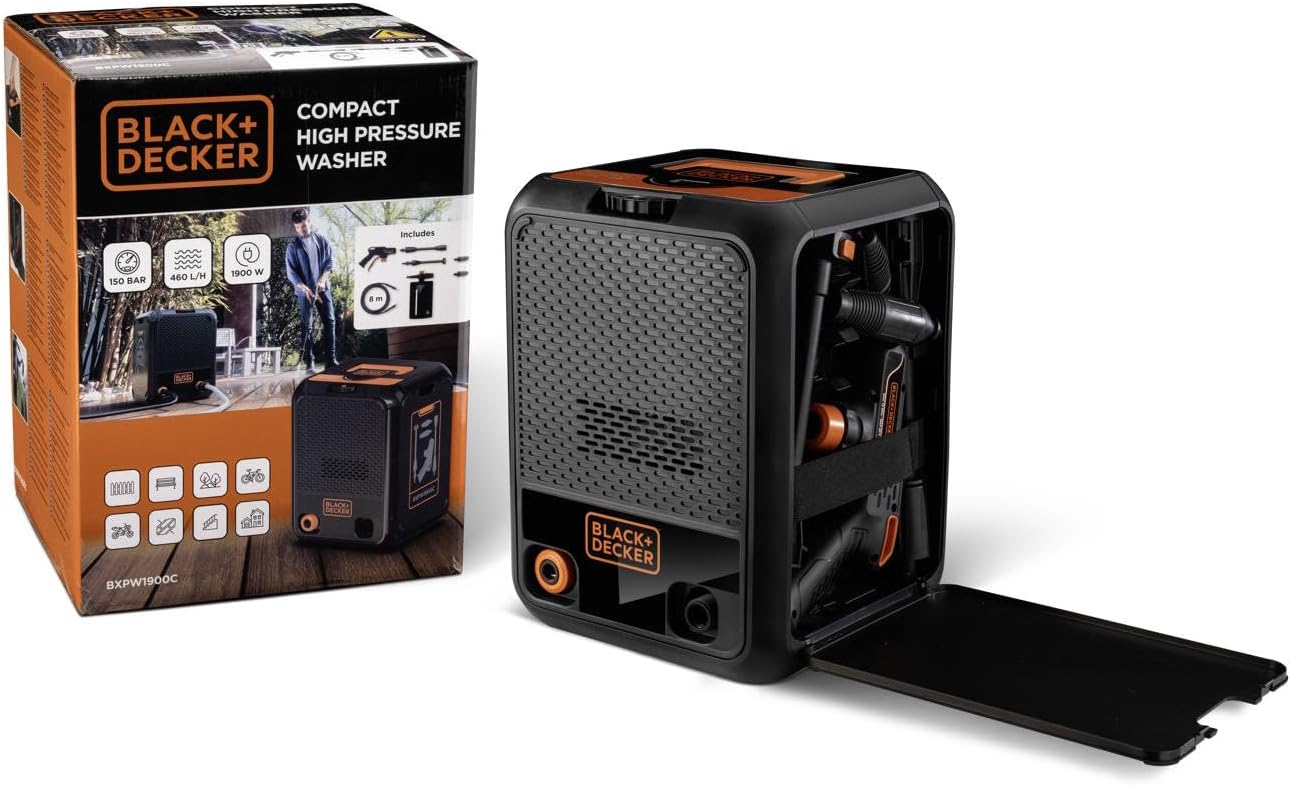 Black+Decker Nettoyeur Haute Pression BXPW1900C, Compact, pour la Voiture et l’extérieur de la Maison, Pression Max. 150 Bar, Débit Max. 460 l/h, Puissance absorbée 1 900 W