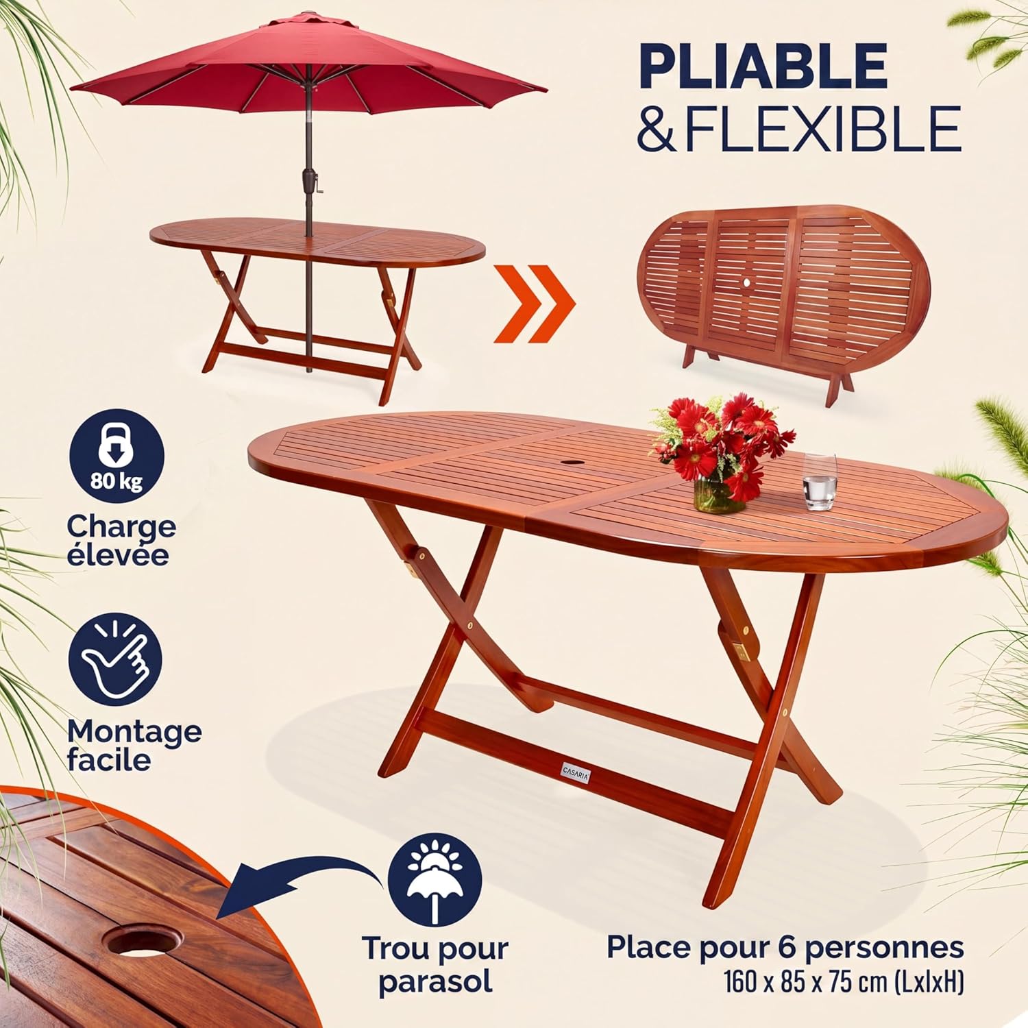 Casaria - Table D Extérieur Alabama - ovale 6 pers. - bois d'eucalyptus, pliante, trou pour parasol