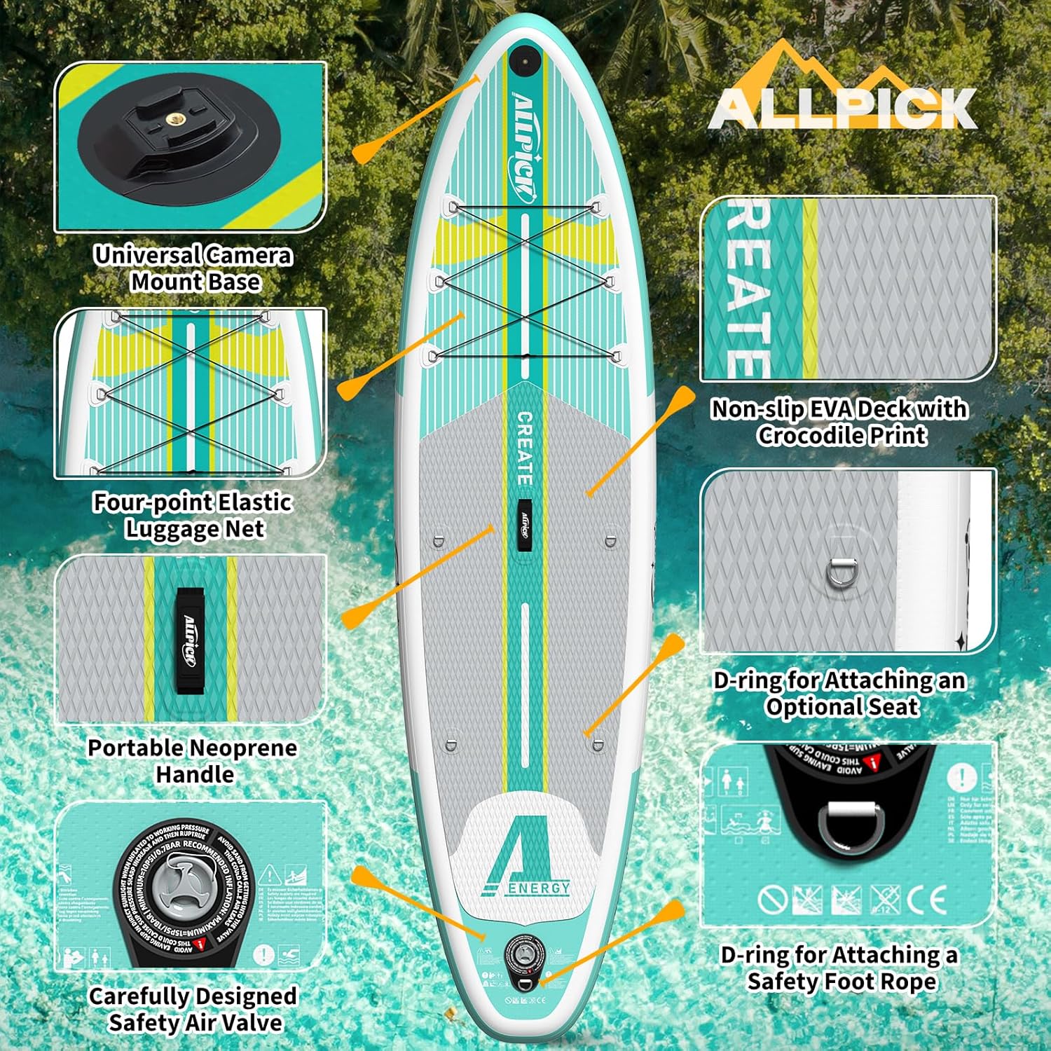 ALLPICK Paddle Gonflable, Kit de Padelsurf de Stand Up Paddle Sup Gonflable de 320 cm, avec Support Universel pour Caméra, Pagaie réglable, Débutants et confirmés, 200 kg