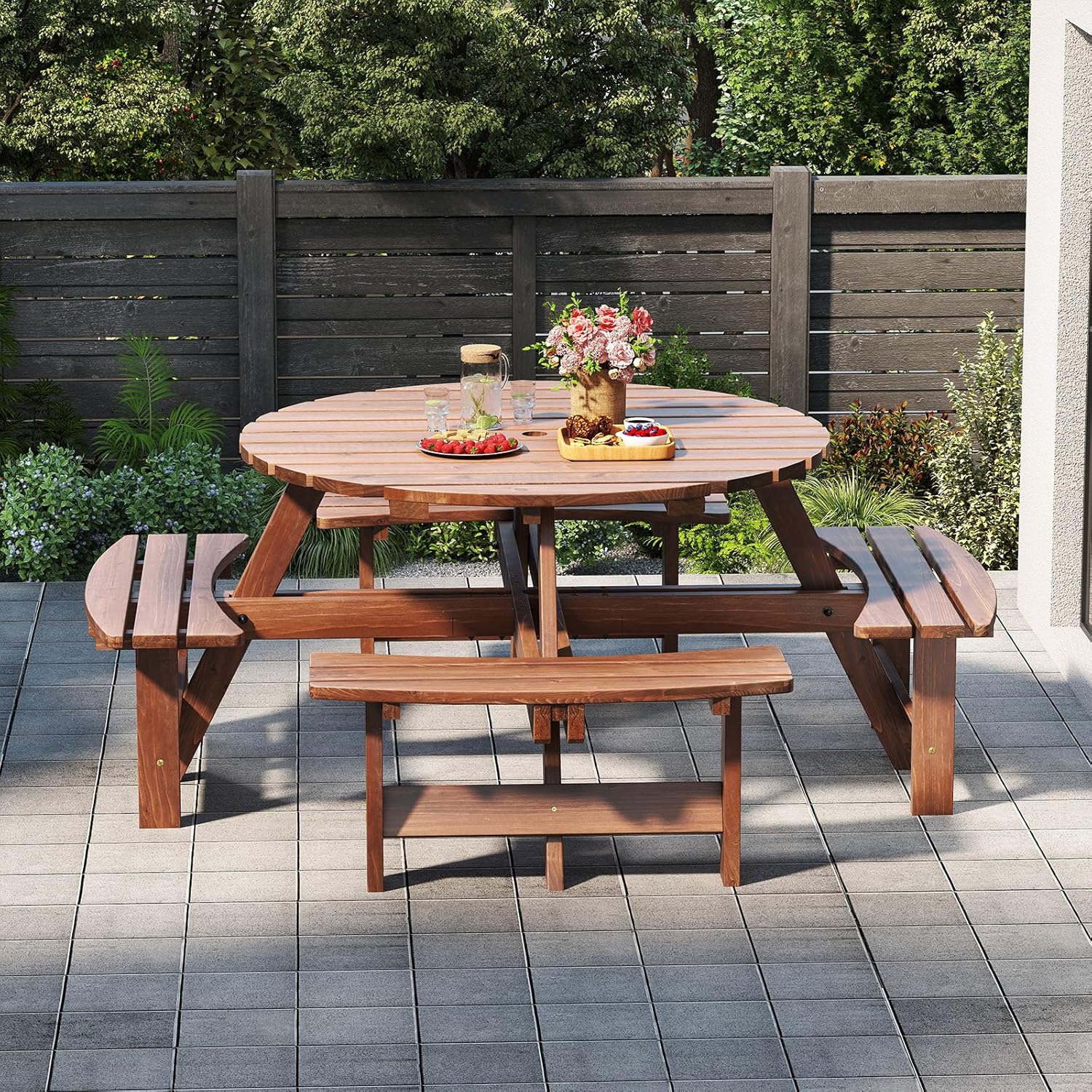 GOPLUS - Table pique-nique ronde 8 places - 4 bancs intégrés, parasol 5cm, marron, 100+250kg