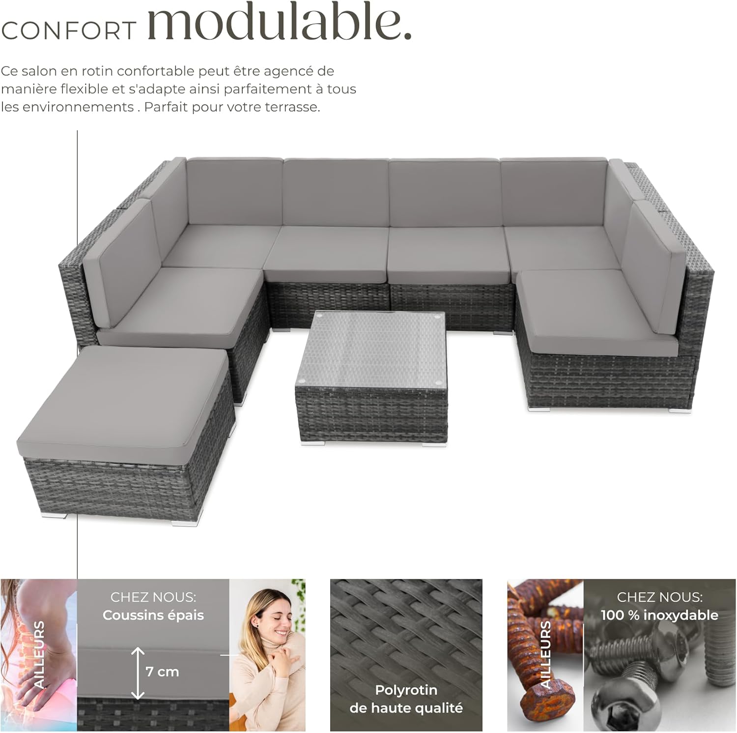 Tectake - Salon de jardin modulable 6 places - rotin, gris, confortable
