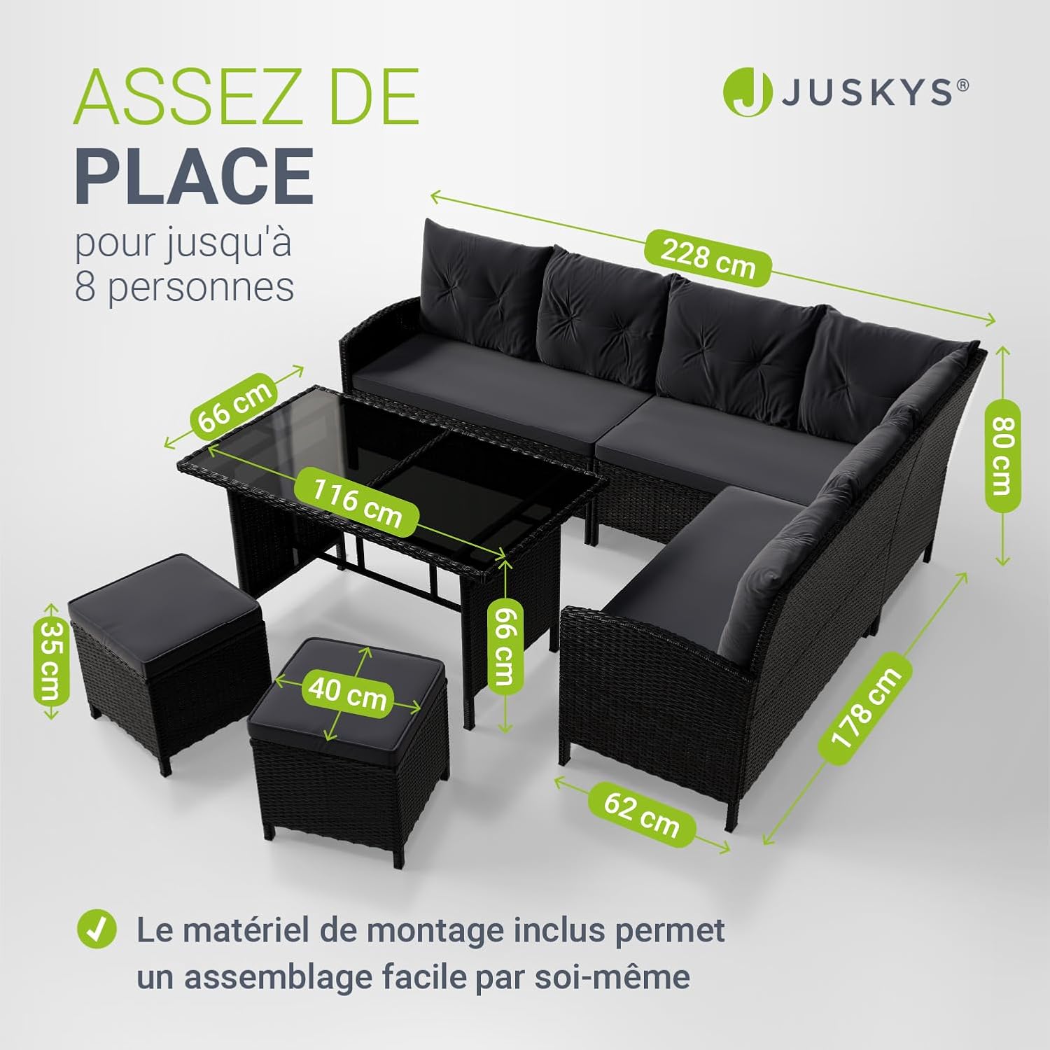 Juskys - Manacor Lounge 7 places, polyrotin noir, table, tabourets, coussins gris