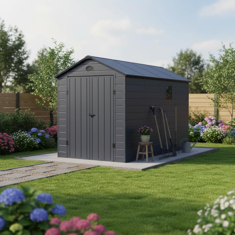 Jôbu Abri de Jardin Résine Anthracite 6,99m² | Double Porte Verrouillable, Structure Acier Galvanisé | Kit de Fondation Inclus, Ventilation, Fenêtre, Garantie 10 Ans
