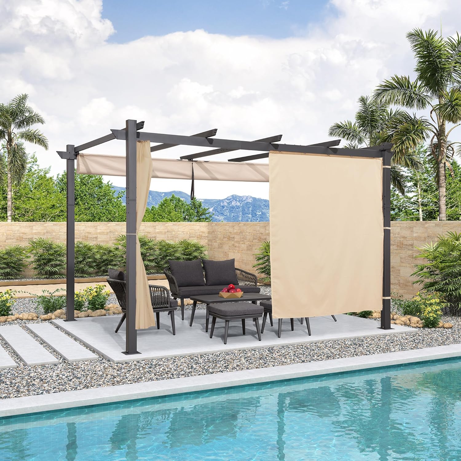 PURPLE LEAF - Pergola aluminium série Rideau - 4x3m toit coulissant extérieur