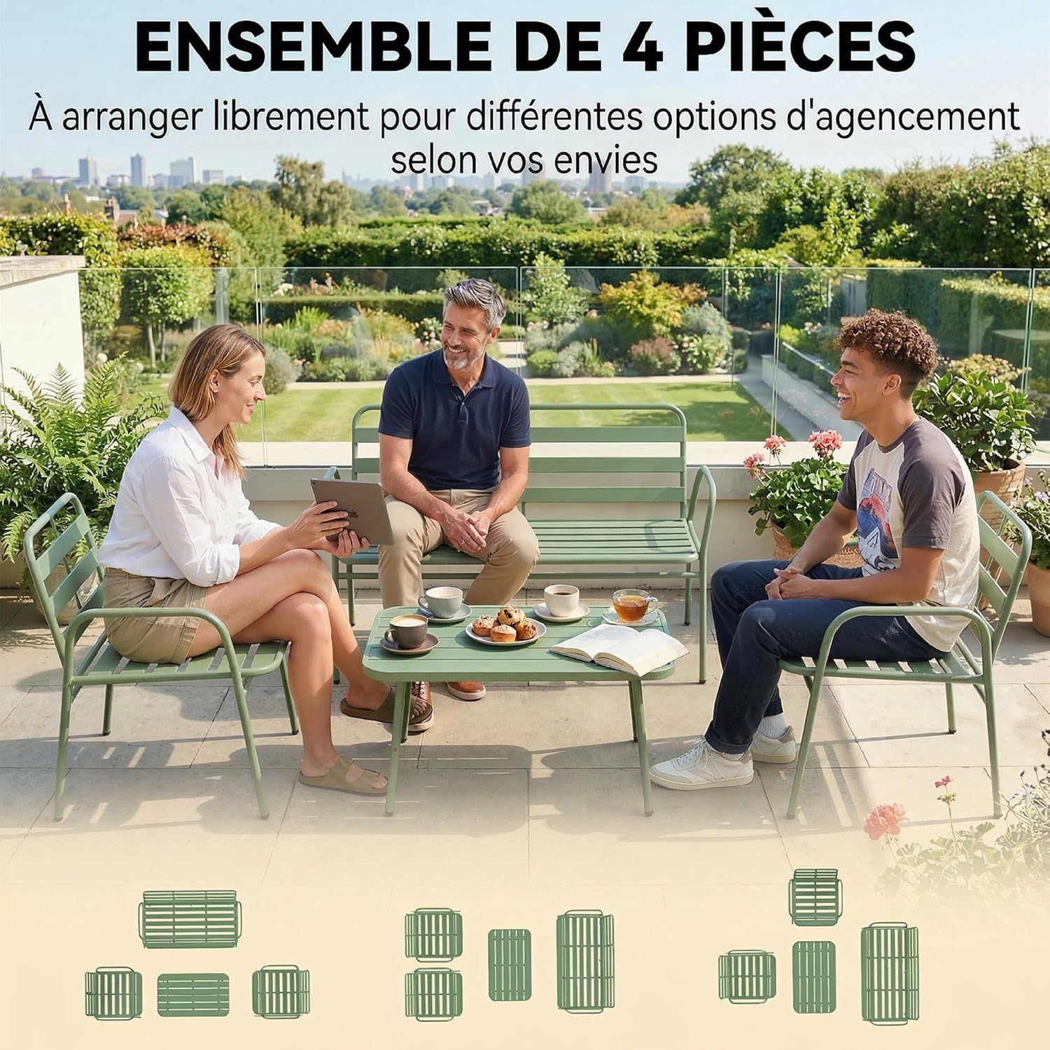 Outsunny - Salon de jardin 4 pièces - acier vert - canapé et fauteuils