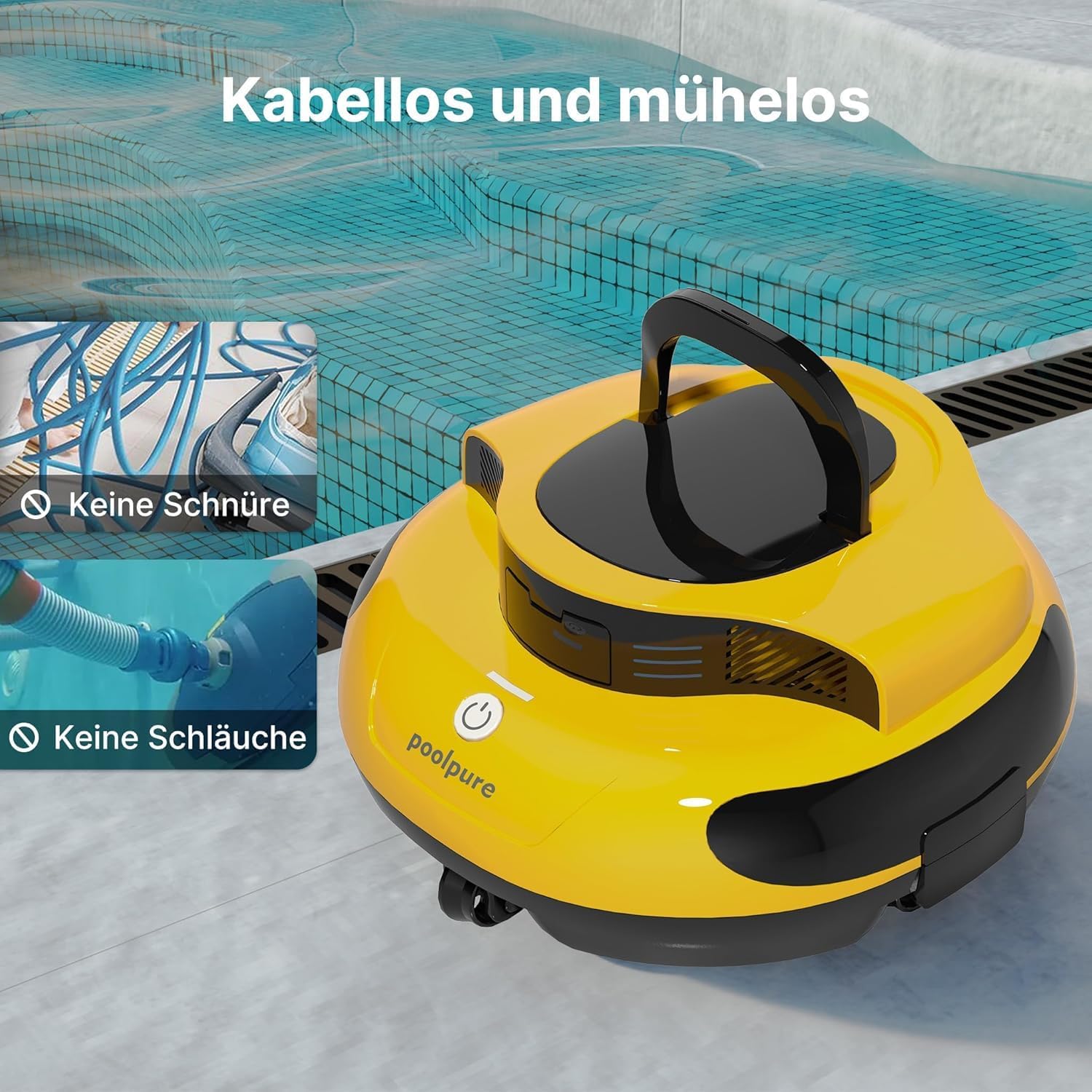 POOLPURE Robot de Piscine 2026 - Temps de Nettoyage de 100 Minutes - Double Moteur - Voyants LED - Fonction de stationnement Automatique - Étanchéité IPX8 - Aspirateur de Piscine sans Fil - Jaune