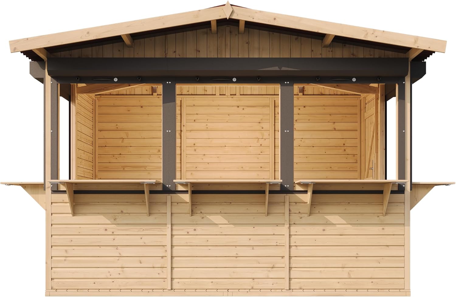 TIMBELA Abri de Jardin en Bois M150BZ – Kiosque Bois - Stand Marché avec 5 Fenêtres + Volets roulants, L336xP263xH232 cm / 6 m², Facile à Monter et à Démonter, Bar Jardin