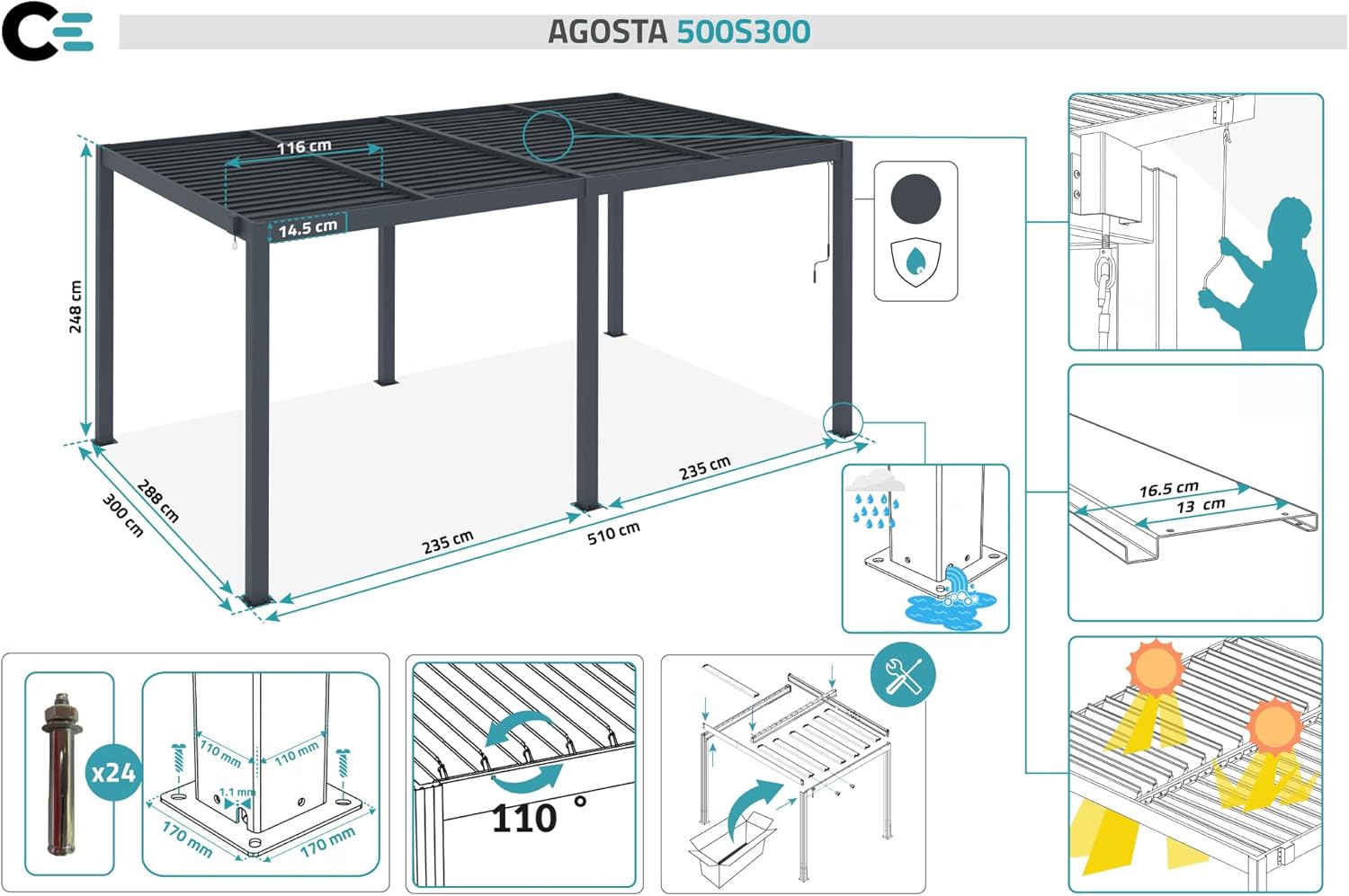 Cazeboo - Pergola bioclimatique autoportée 5x3m aluminium gris AGOSTA
