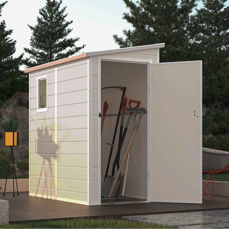 Jôbu Abri de Jardin Adossé en Résine Beige 2,09m² | Rangement Extérieur avec Fenêtre et Aération | Kit de Fondation Inclus | Structure Acier Galvanisé