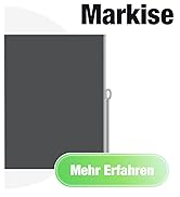 Le texte indique « Markise » avec le bouton « Mehr Erfahren » ci-dessous. Montre un auvent ou un produit d'ombrage gris foncé sur fond blanc.
